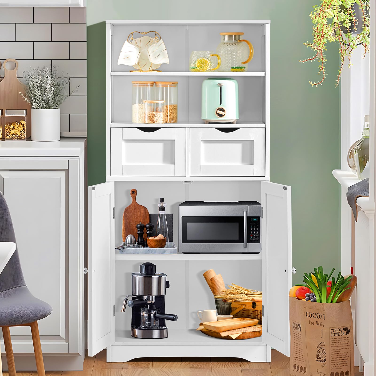 Iwell Tall Bathroom Storage Cabinet with 2 Drawers & Adjustable Shelves - White Bathroom Organizer for Kitchen, Living Room, Dining Room & Entryway - Perfect for Towels, Toiletries & Home Decor Storage
