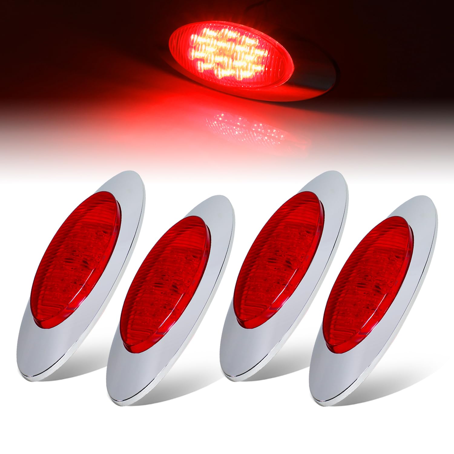 4 Pack 6.5 Inch Red LED Oval Side Marker Lights - 12V DC Waterproof with Chrome Bezel for Trucks, Trailers, Buses & Pickups - Durable Sealed Design for Roof, Cab & Panel Mounting - Perfect for Night Driving & Vehicle Safety Lighting