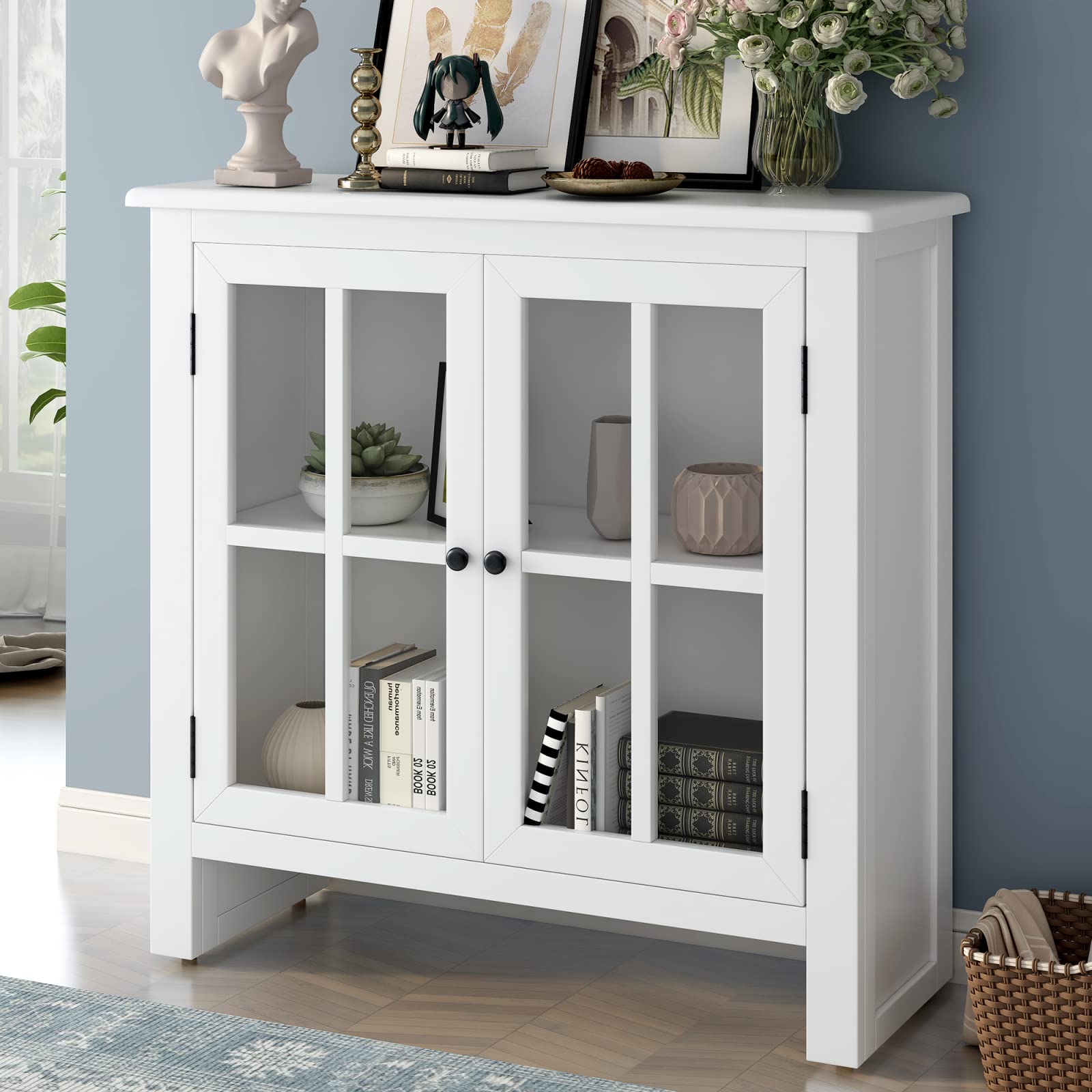 Vintage Kitchen Sideboard Buffet Cabinet with Adjustable Shelves & 2 Glass Doors - Entryway Console Table, Wooden Storage Cupboard for Dining Room, Living Room, Hallway (White) | Perfect for Small Space Organization & Home Decor