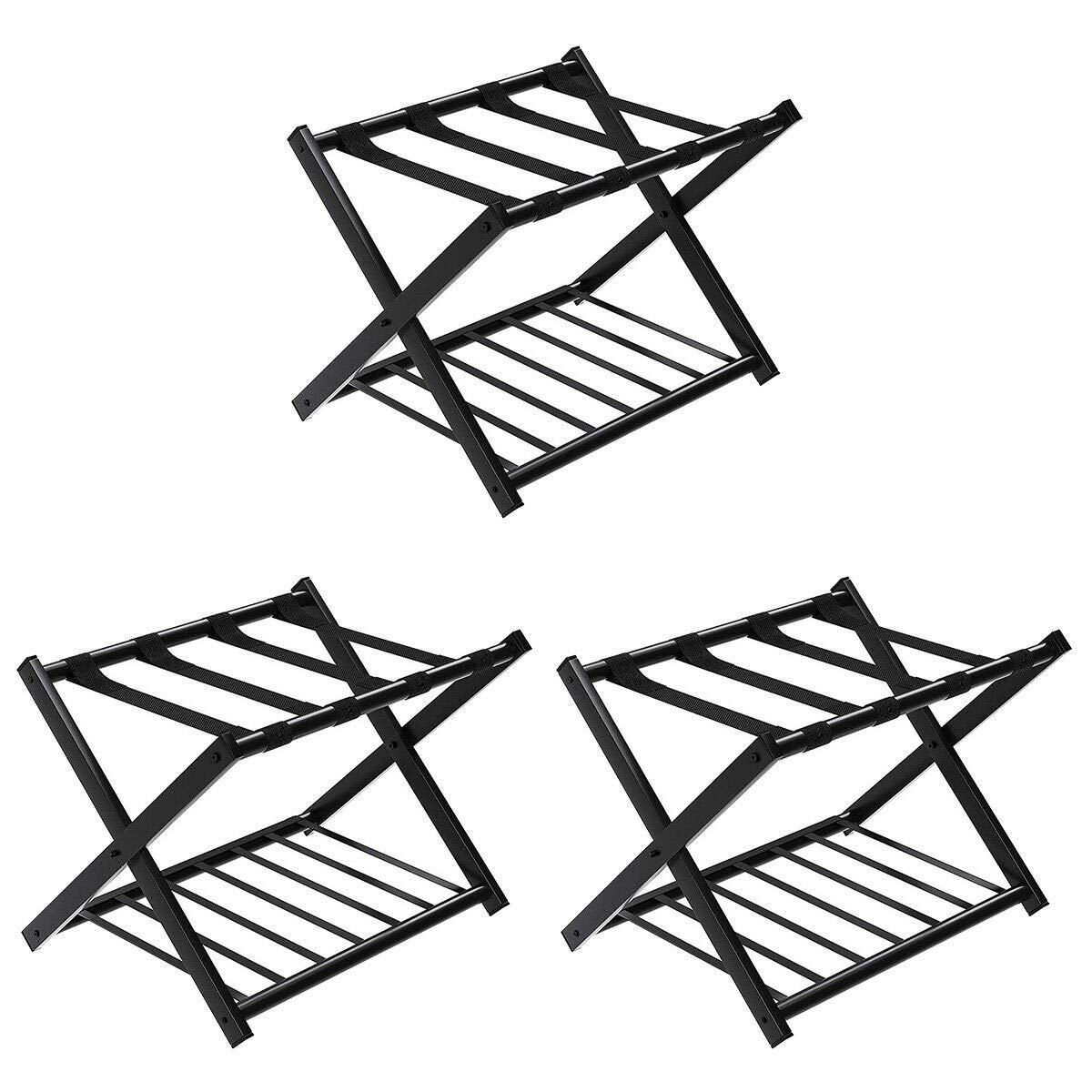 Tangkula 3-Pack Folding Luggage Rack with Storage Shelf - 2-Tier Suitcase Stand with Durable Straps & Protective Cover - Space-Saving Large Luggage Holder for Bedroom, Guest Room, Hotel & Travel Use (Black)
