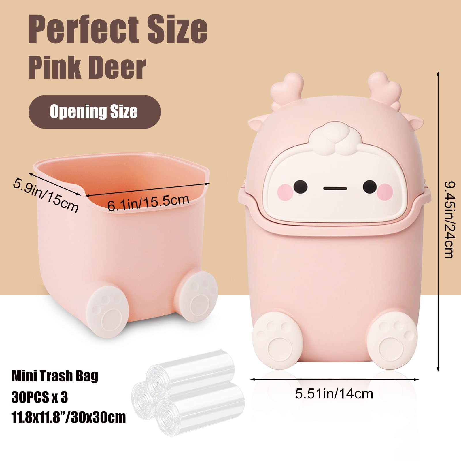 Cute Pink Mini Desktop Trash Can with Flip Lid - Includes 90Pcs Trash Bags, Small Plastic Waste Basket for Bathroom, Kitchen, Office & Dressing Table - Perfect for Home, Office & Workspace Organization