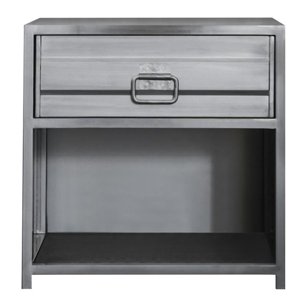 Furniture of America Hazier Industrial Metal Nightstand in Hand-Brushed Silver - Modern Bedside Table with Storage Shelf for Bedroom, Living Room & Office