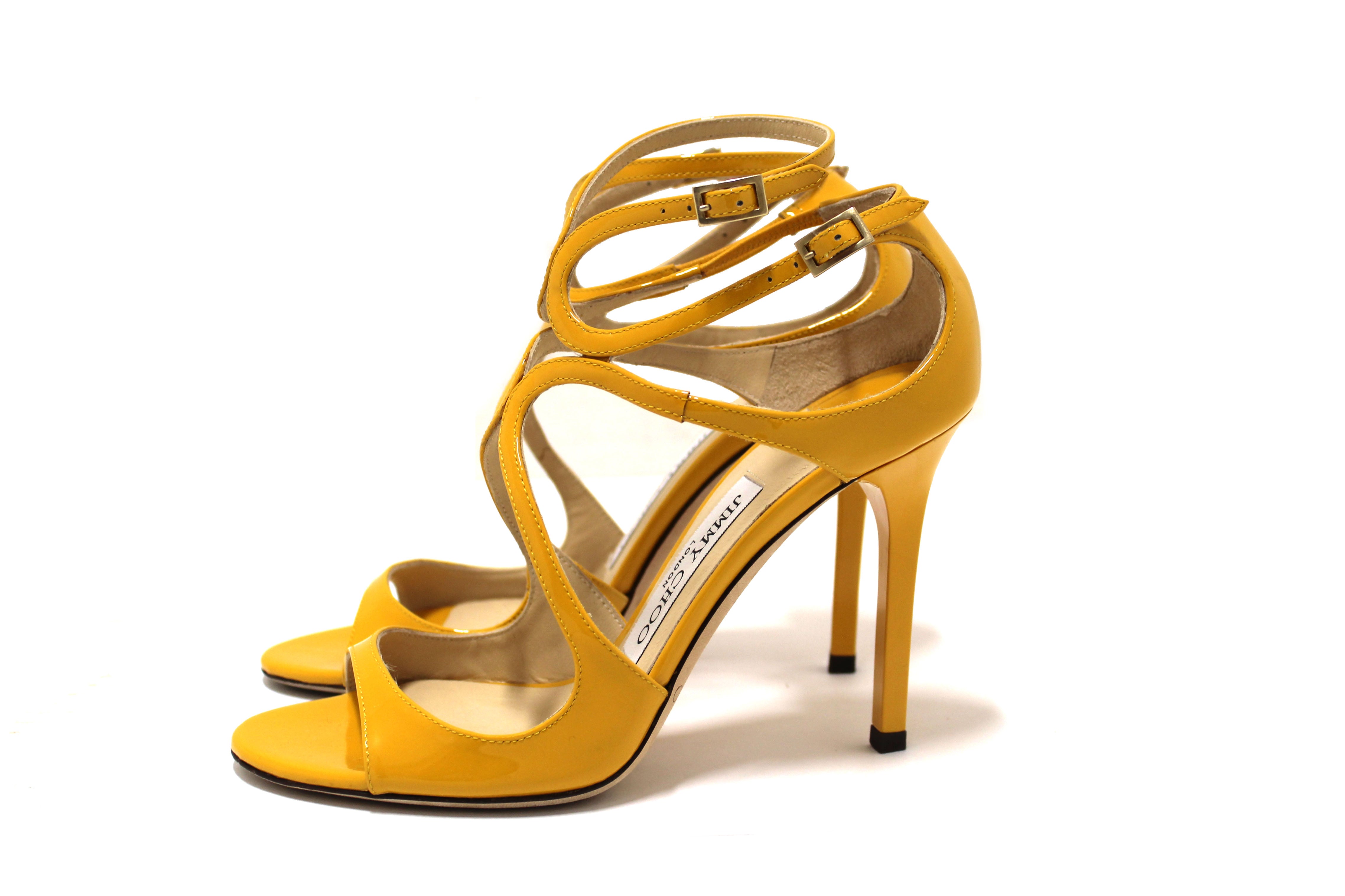 Authentic Jimmy Choo Yellow Patent Leather Strap Heel Sandals Size 35.5 - Women's Luxury High Heels for Weddings, Parties & Special Occasions