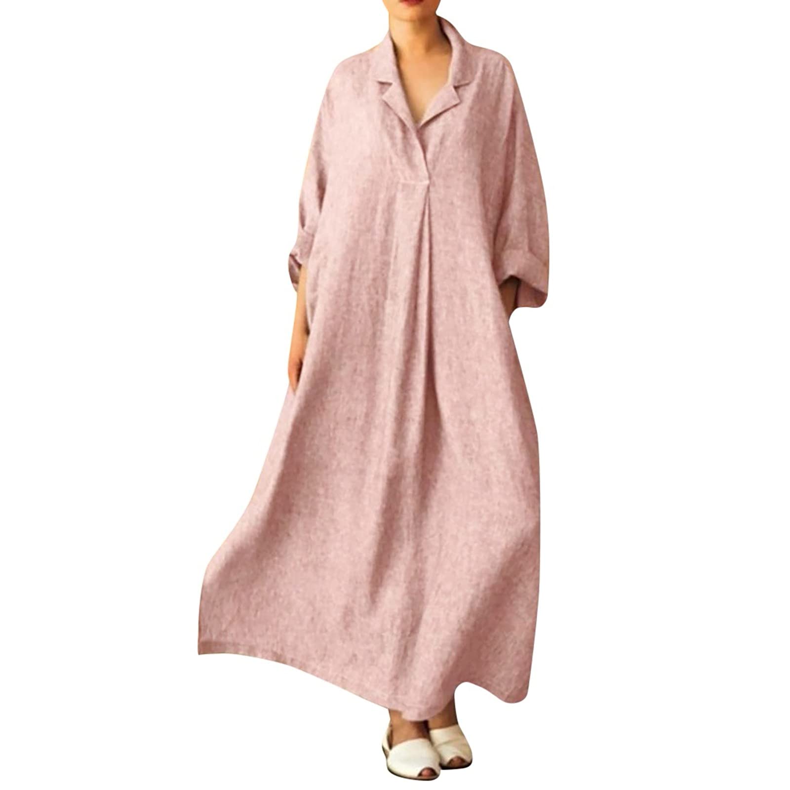 Mebamook Women's Long Maxi Dress - Cotton Kaftan Long Sleeve Casual Oversized Plus Size Shirt Dress for Beach, Vacation & Everyday Wear