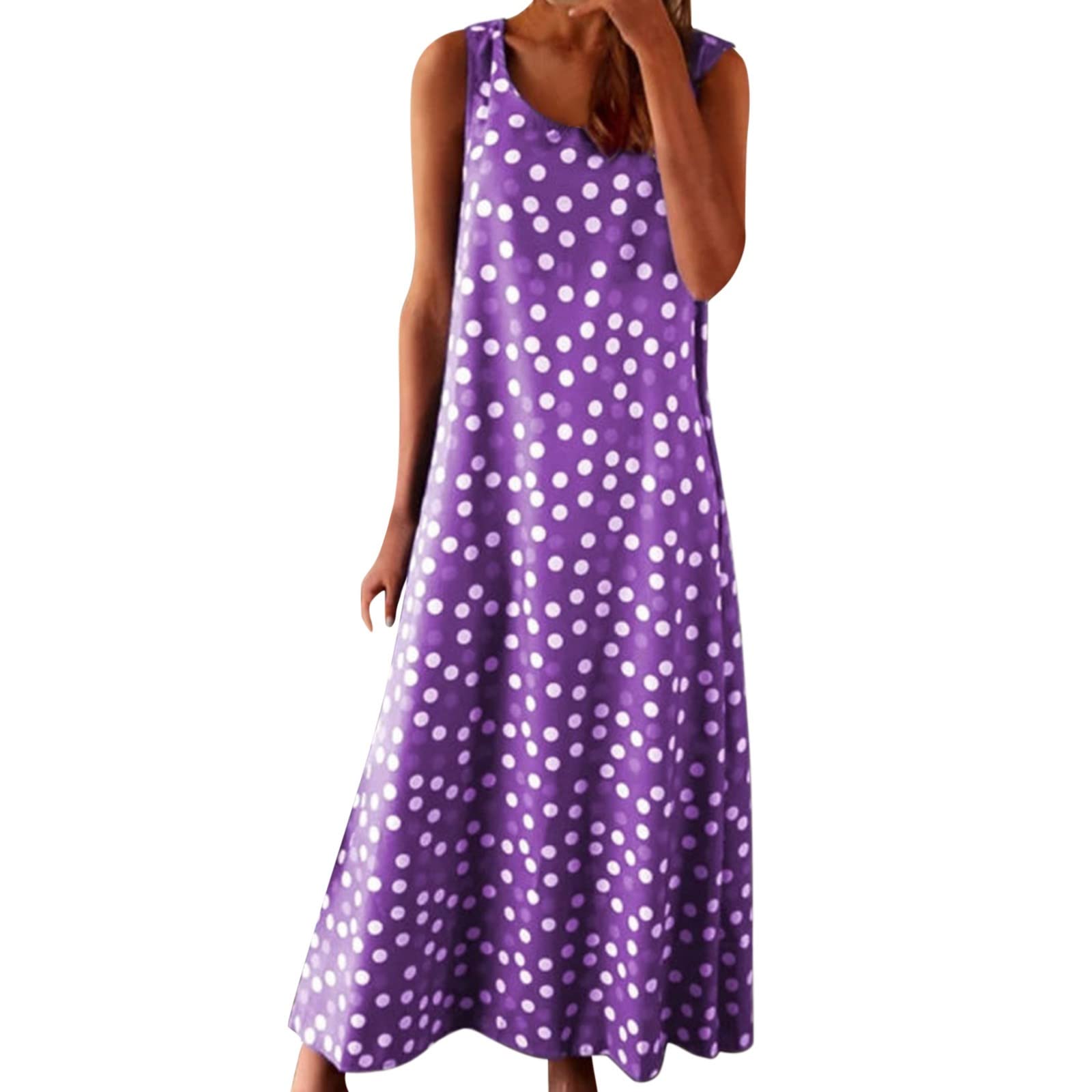 Shavanpark Women's Fashion Polka Dot Print Round Neck Sleeveless Loose Maxi Dress - Perfect for Beach Vacation, Summer Outing, and Casual Wear