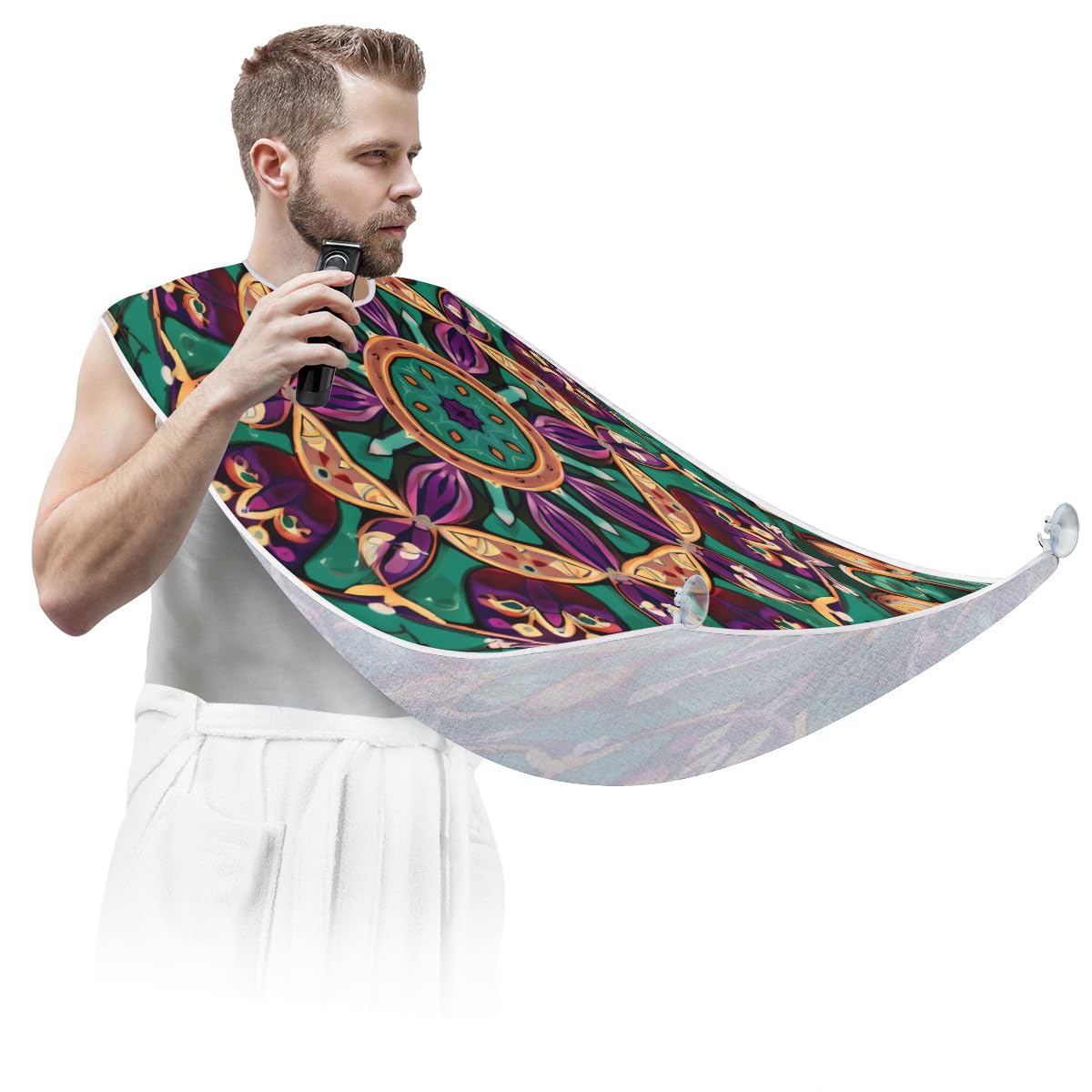 Geometric Mandala Beard Shaving Bib for Men - Waterproof Hair Dye Apron & Barber Cape for Haircut, Beard Trimming & Makeup - Sink Hair Catcher & Styling Tool - Perfect for Home Grooming & Salon Use