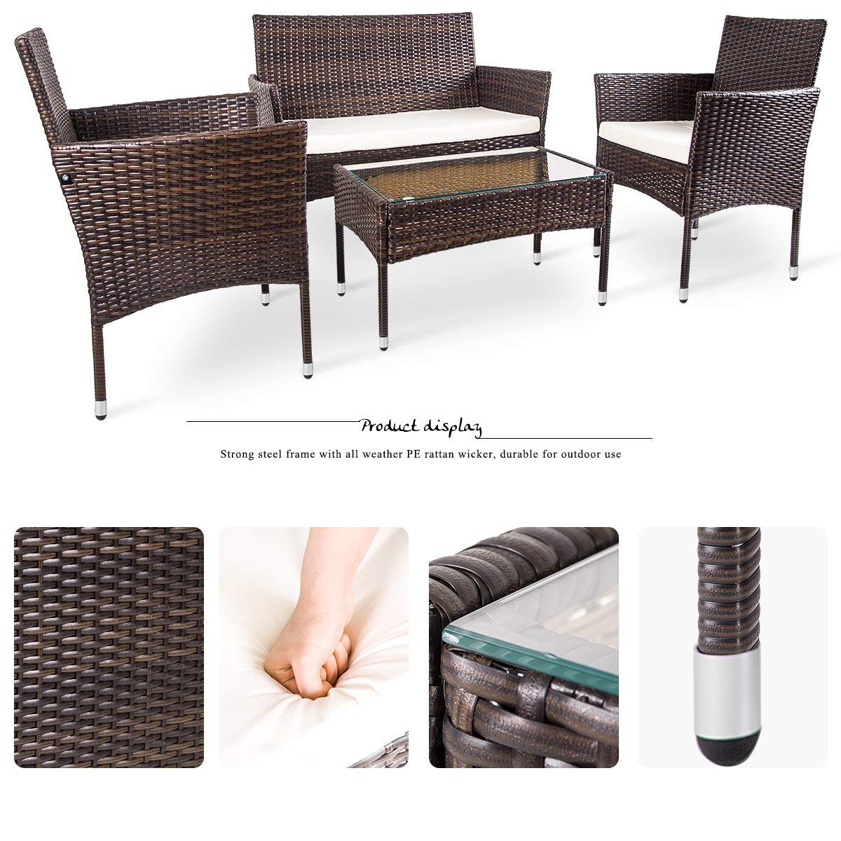 4-Piece Outdoor Patio Furniture Set - Rattan Wicker Sofa & Chairs with Cushions & Glass Table - Brown & Beige Garden Conversation Set for Backyard, Poolside, Deck or Terrace Relaxation