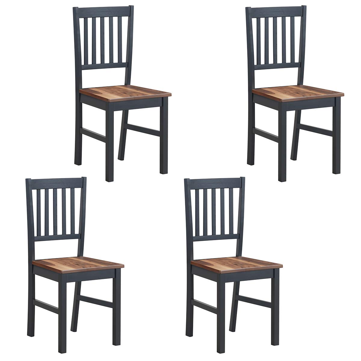 COSTWAY Set of 4 Dining Chairs - Solid Rubber Wood Armless Side Chairs with Slat Back, Black Base & Walnut Seat - Perfect for Home Kitchen, Dining Room, Breakfast Nook & Small Space Decor