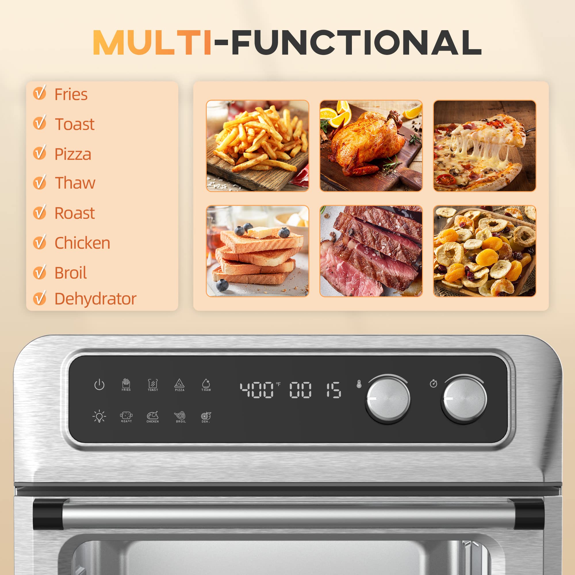 HOMCOM 21QT 8-in-1 Air Fryer Toaster Oven with Convection, Broil, Toast, Dehydrate & Thaw Functions - 1800W Stainless Steel Countertop Oven with Accessories - Perfect for Baking, Roasting & Healthy Air Frying at Home