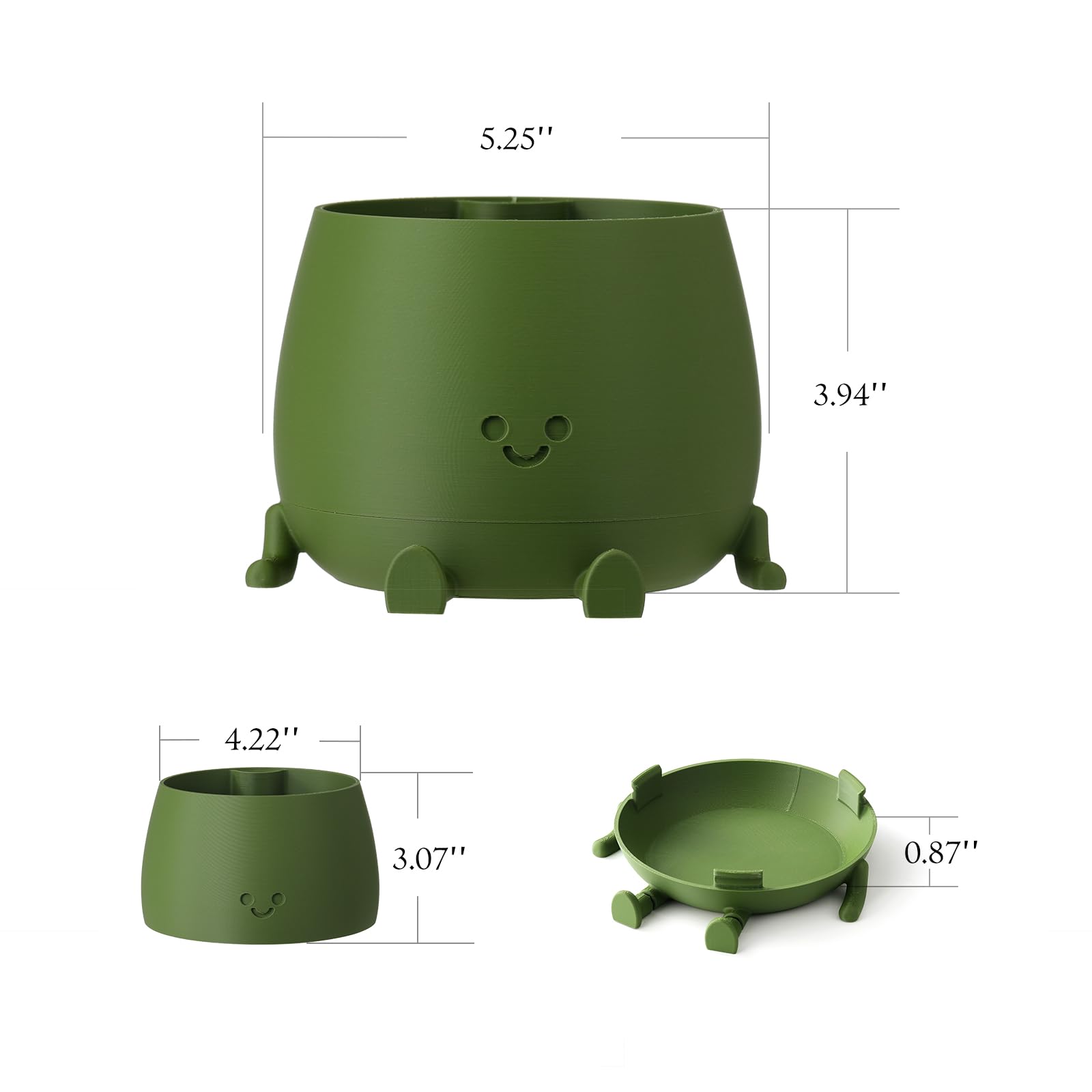TOPOLA Happy Face Planter - 5.2 Inch Self Watering Plastic Flower Pot with Drainage Holes for Succulents, Indoor & Outdoor Plants - Funny Dark Green Decorative Planter for Home, Office & Garden Decor