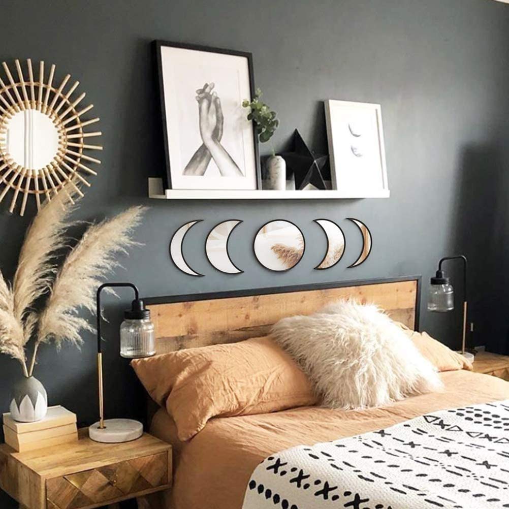 Boho Moon Wall Decor Mirrors - 5 Piece Moon Phase Mirror Set for Bedroom, Easy to Install, Black - Perfect for Home Decor, Living Room, Nursery & Boho Style Interior Design