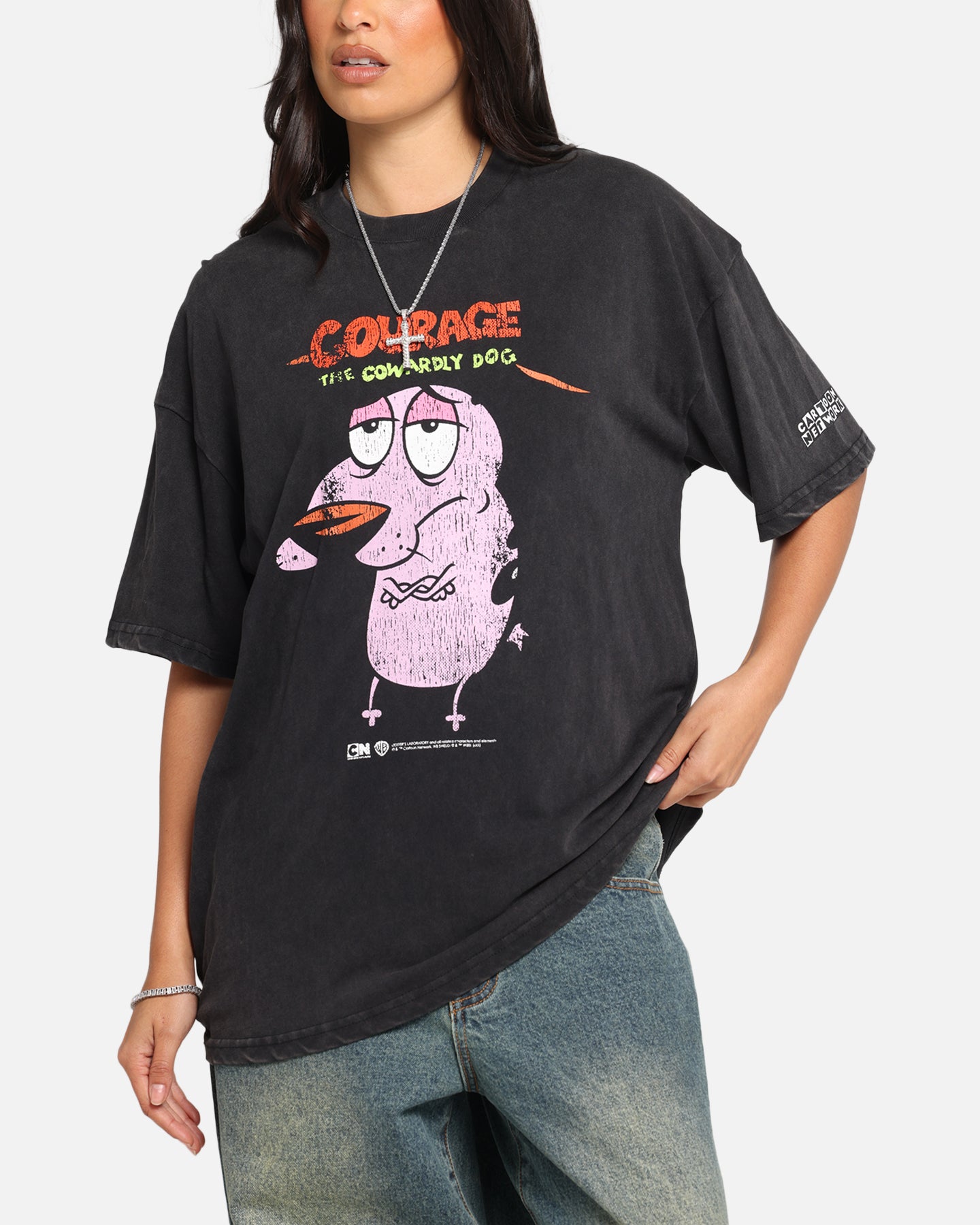 Vintage Courage The Cowardly Dog T-Shirt - Cartoon Network 90s Retro Graphic Tee - Black Acid Wash Distressed Style - Perfect for Halloween Cosplay & Anime Convention Outfits