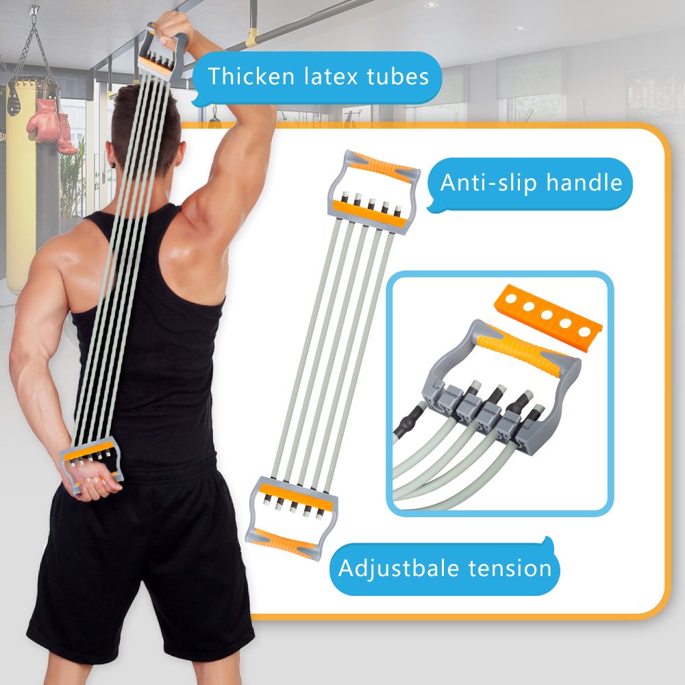 TOCO FREIDO Adjustable Chest Expander - 5 Resistance Tubes for Arm Strength Training, Home Gym Equipment for Muscle Building & Fitness | Perfect for Home Workouts, Strength Training & Physical Therapy