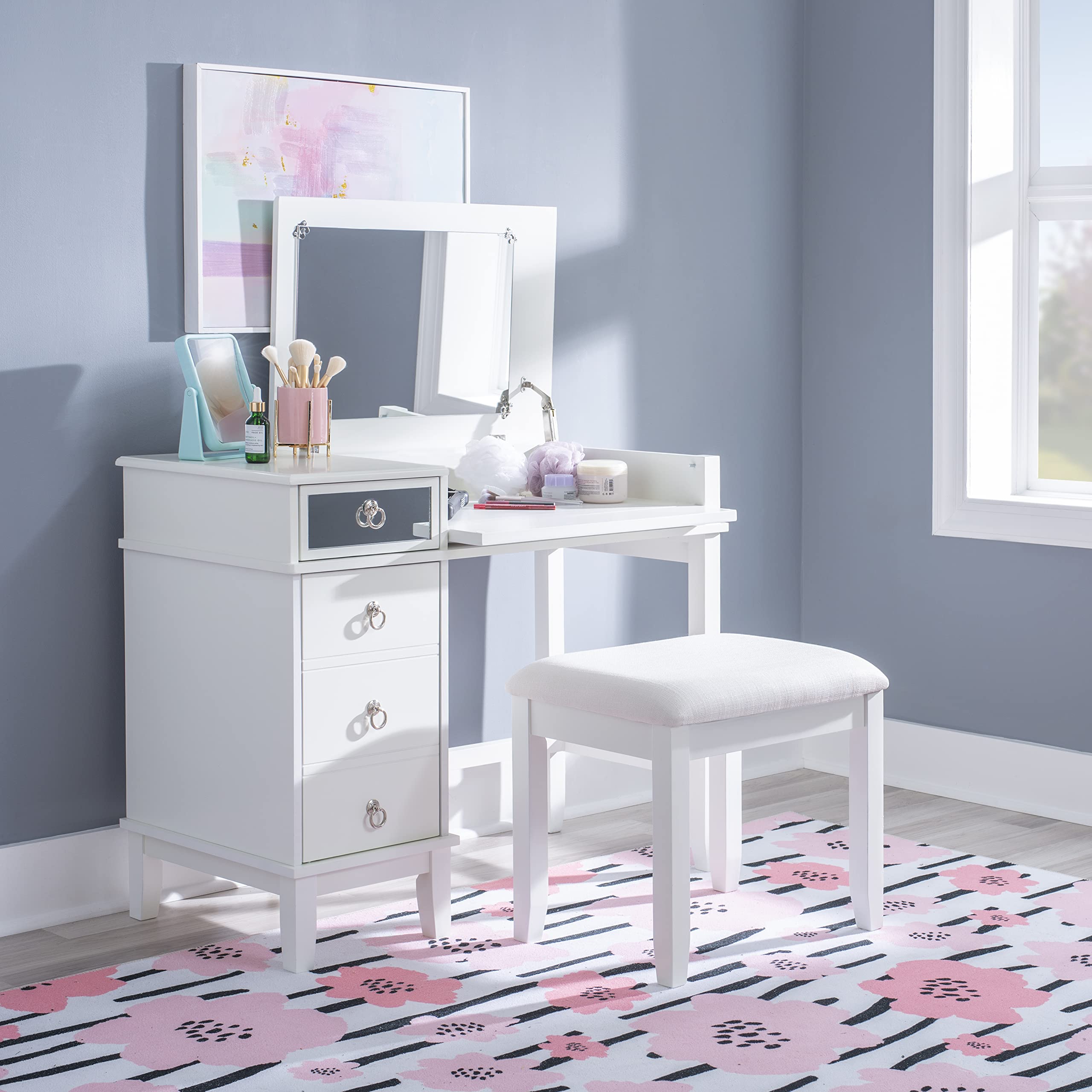 Linon White Vanity Set with Mirror & Stool - Elegant Dressing Table for Bedroom, Bathroom & Makeup Area