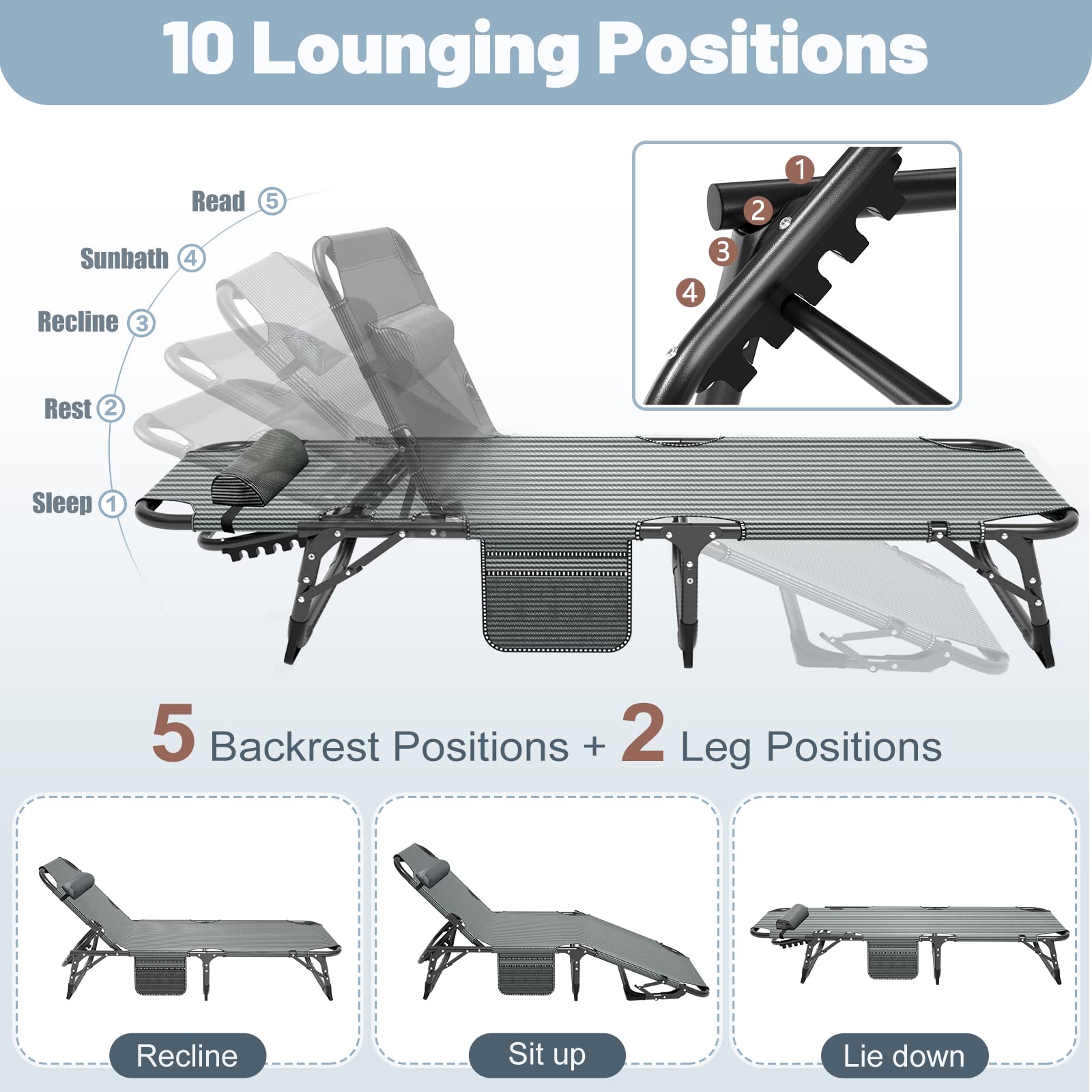 Slsy 5-Position Folding Chaise Lounge Chair for Adults - Portable Outdoor Sleeping Cot for Beach, Camping, Pool & Sun Tanning - Perfect for Relaxing in Backyard, Lawn or Patio