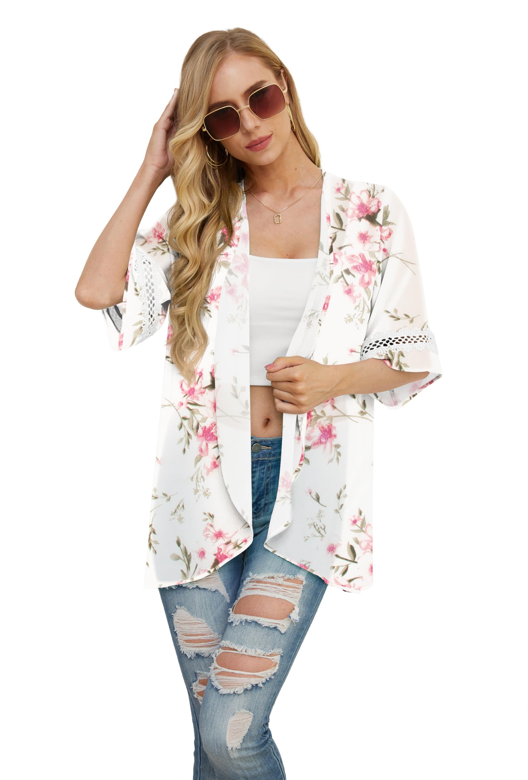 QIXING Women's Kimono Beach Cover Up - Lightweight Chiffon Cardigan Tops & Loose Cape for Summer - Perfect for Beach, Pool, Vacation and Boho Outfits