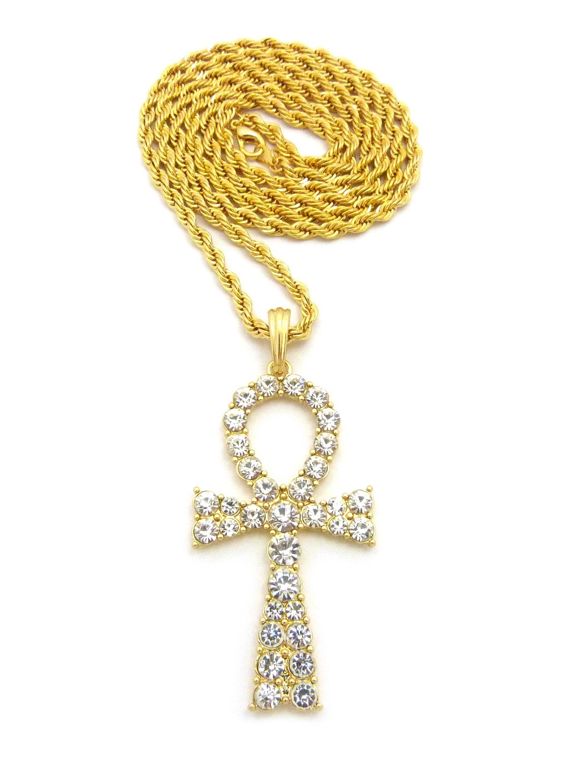 21 Egyptian Iced Out Ankh Pendant Necklace - 4mm Gold Tone with 30