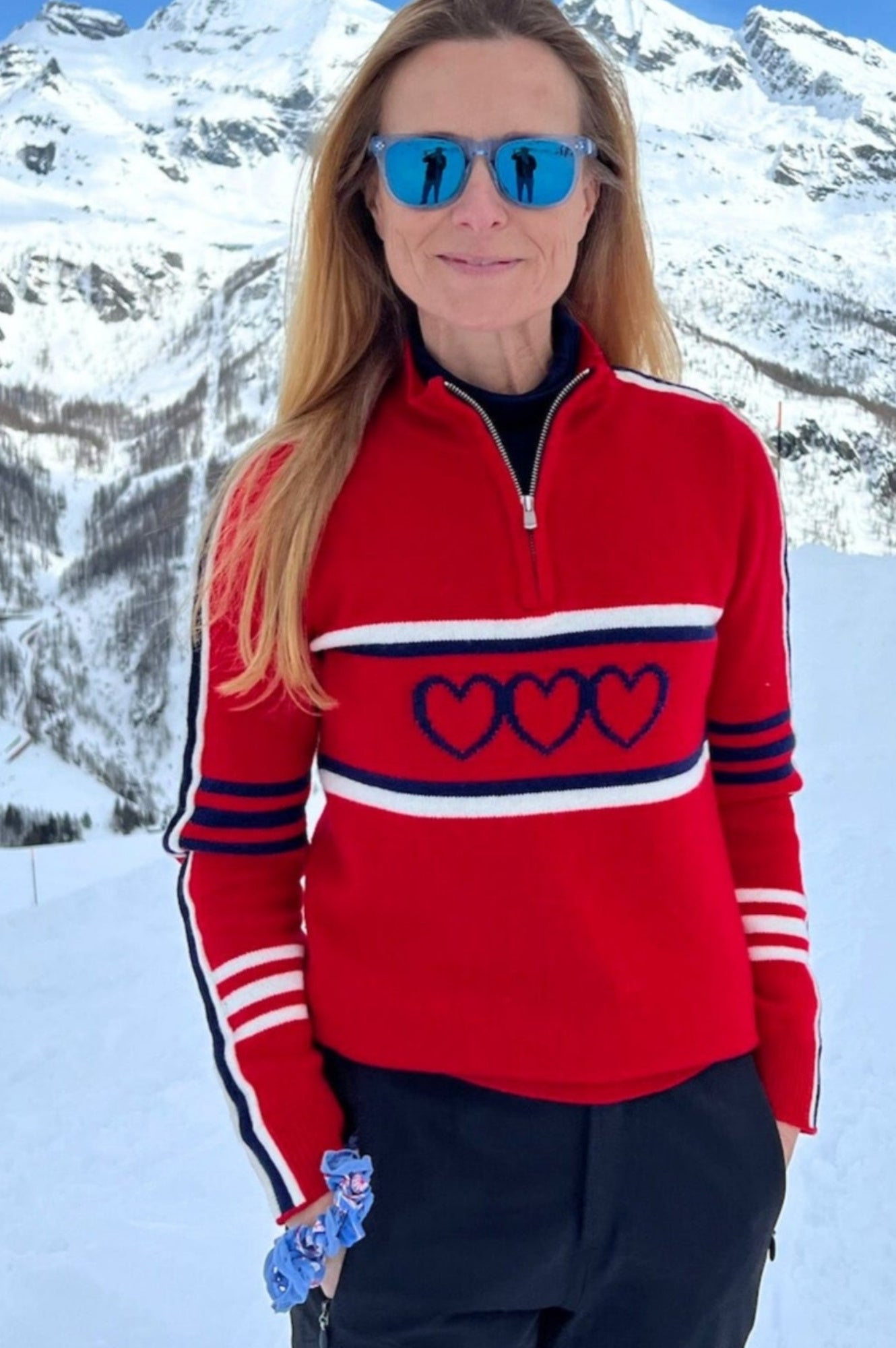 Premium Merino Wool Quarter Zip Sweater with Stripe Hearts Design - Red, Navy, Cream | Cozy Winter Wear for Outdoor Activities & Casual Fashion