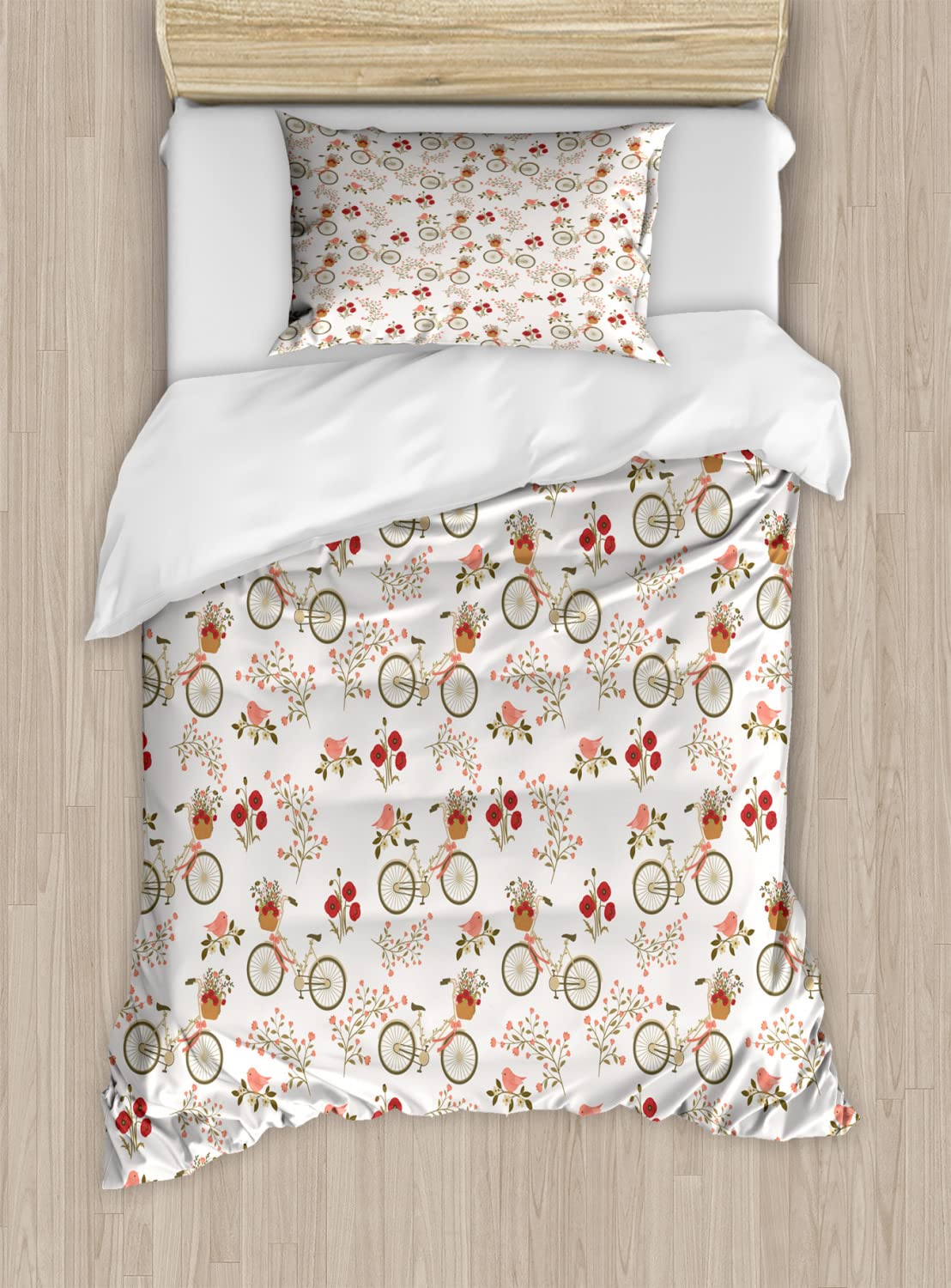 Ambesonne Floral Duvet Cover Set - Vintage Romance Bicycle & Flower Basket Design with Poppies & Love Birds, Queen Size 2-Piece Bedding Set with 4 Pillowcases, Spring Home Decor for Master Bedroom & Guest Room