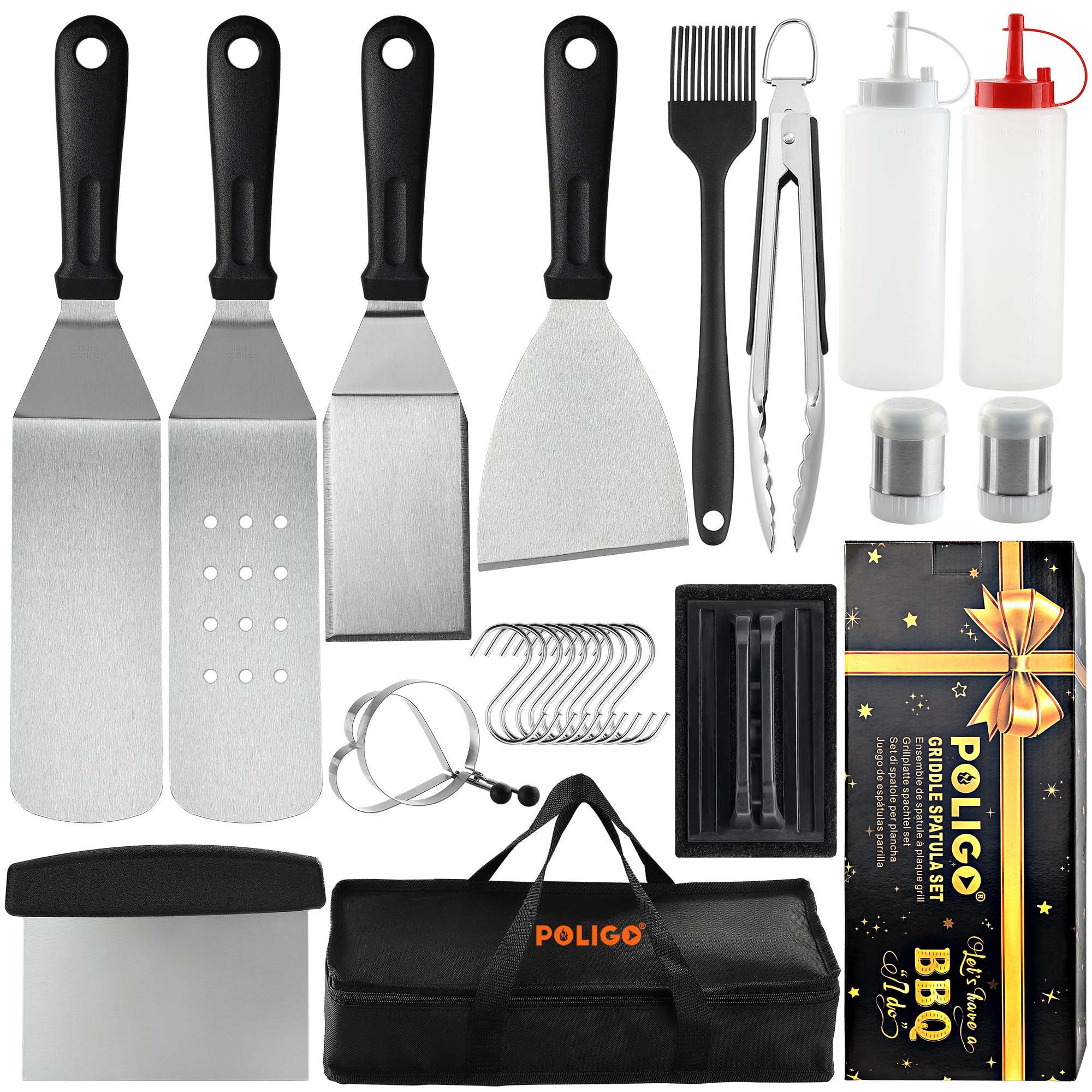 POLIGO 25-Piece Flat Top Griddle Accessories Kit - Stainless Steel Teppanyaki Tools Set with Spatula, Chopper, Tongs, Cleaning Brush & Storage Bag - Perfect for Indoor/Outdoor BBQ, Camping & Backyard Cooking - Great Gift for Grill Lovers & Home Chefs