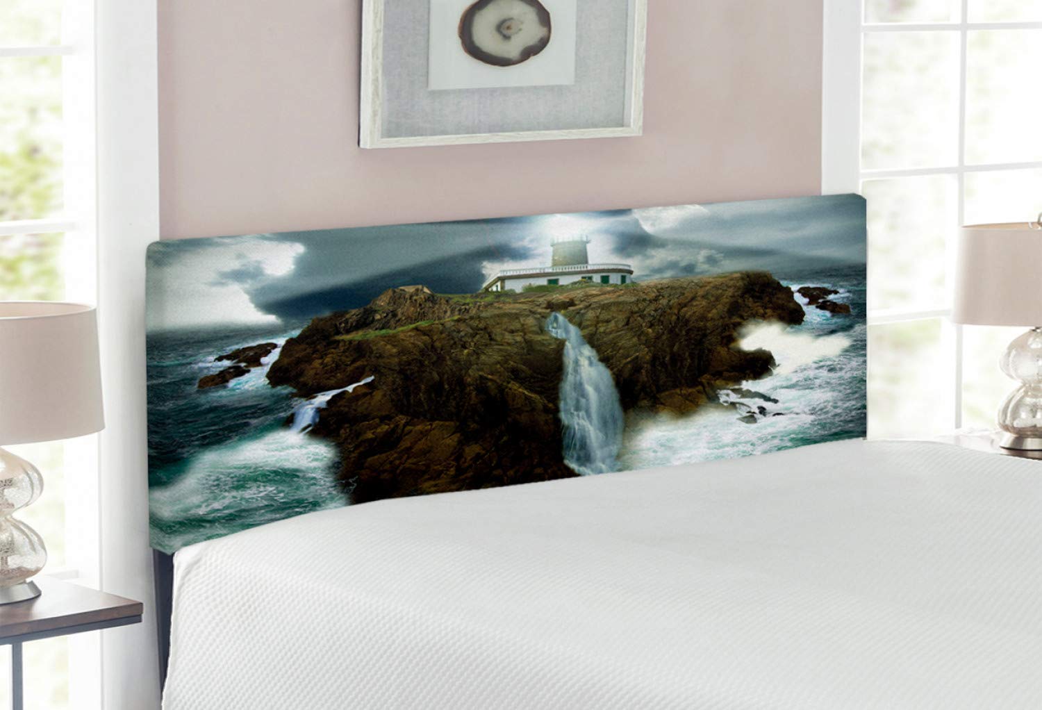 Ambesonne Upholstered Lighthouse Headboard - Full Size Grey White Brown, Decorative Metal Bed Headboard with Memory Foam | Coastal Theme Bedroom Decor for Master & Guest Rooms