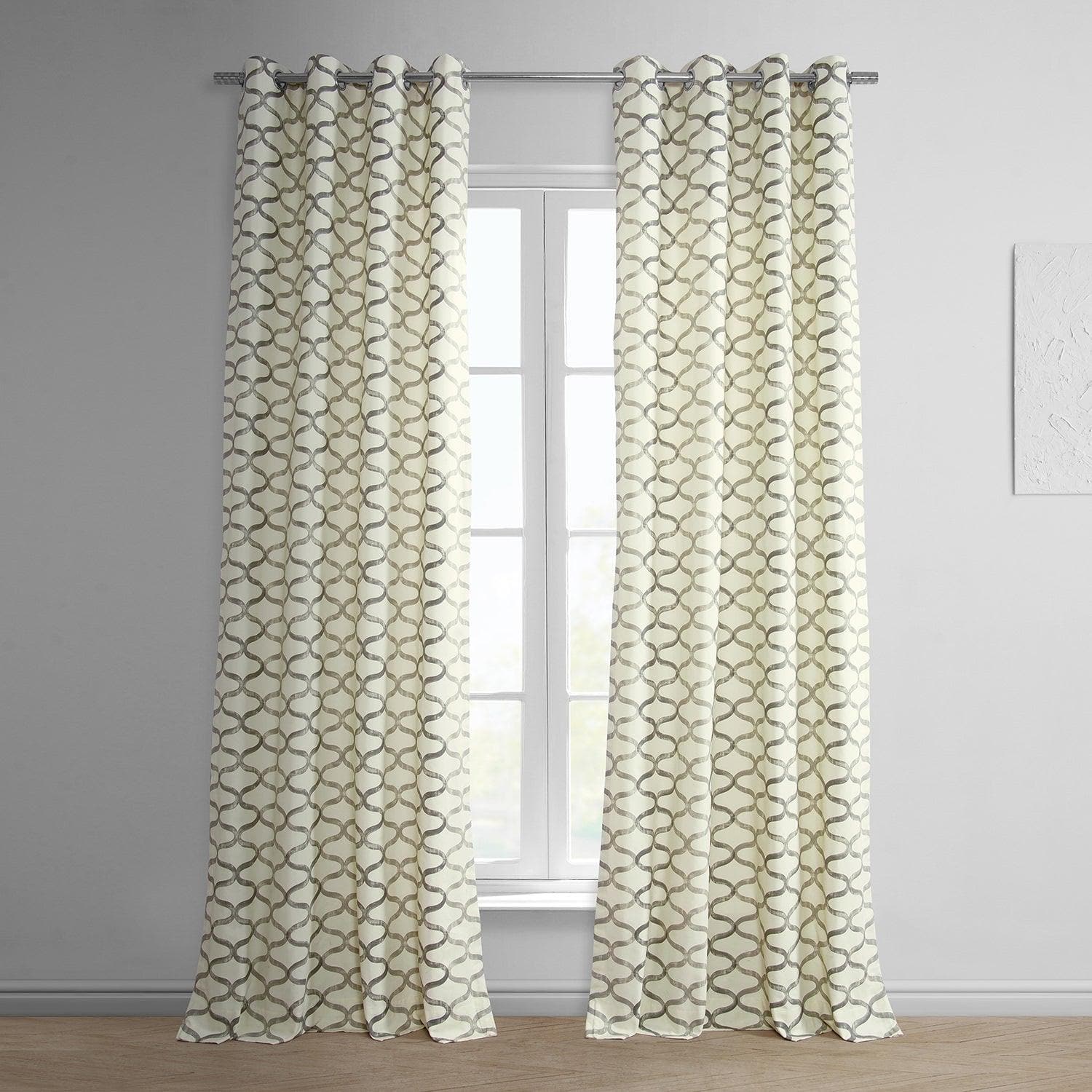Silver Grey Geometric Grommet Blackout Curtains - Modern Printed Cotton Window Drapes for Bedroom & Living Room - Light Blocking & Noise Reducing Home Decor