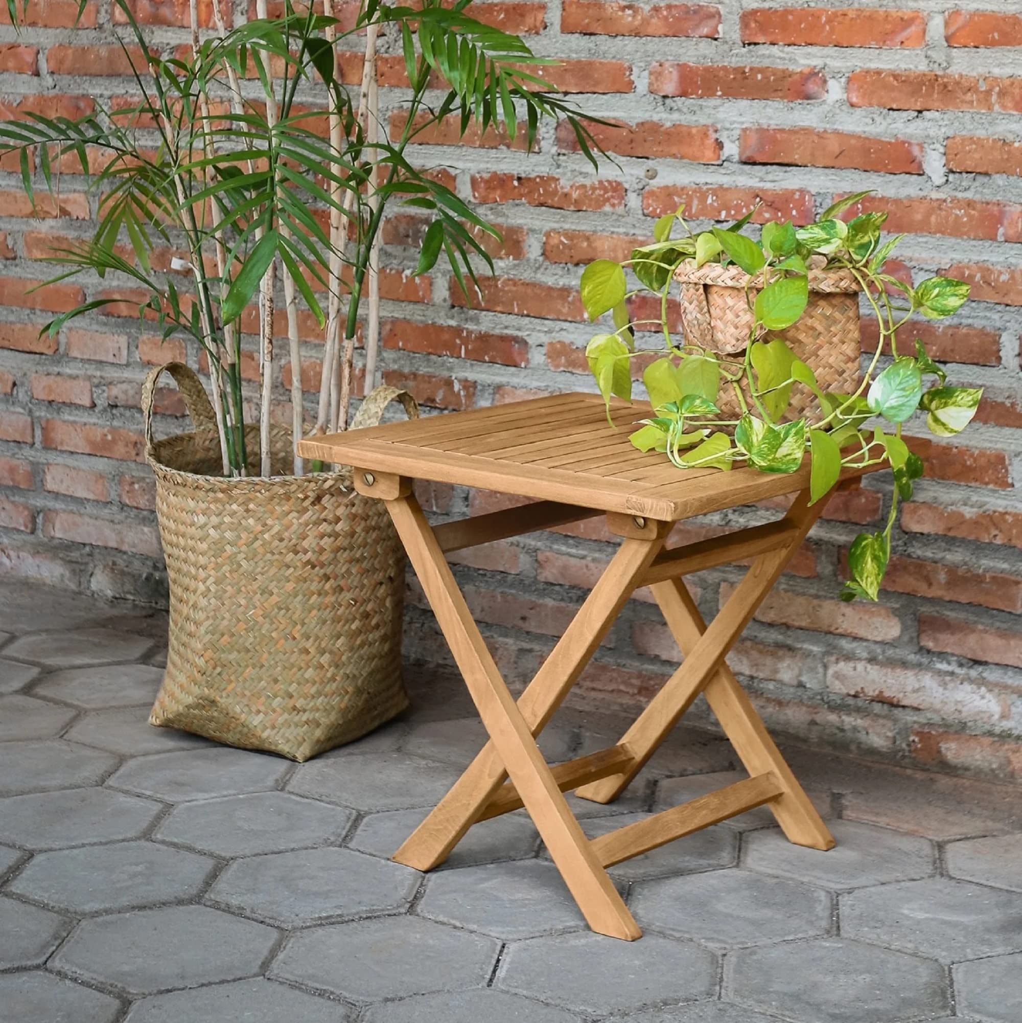 Eco-Friendly Folding Side Table for Patio - Solid Teak Wood Outdoor Foldable Dining Table | Portable Square Coffee Table for Backyard, Porch, Balcony & Garden | Perfect for Outdoor Entertaining, Relaxing & Small Space Living (Teak)
