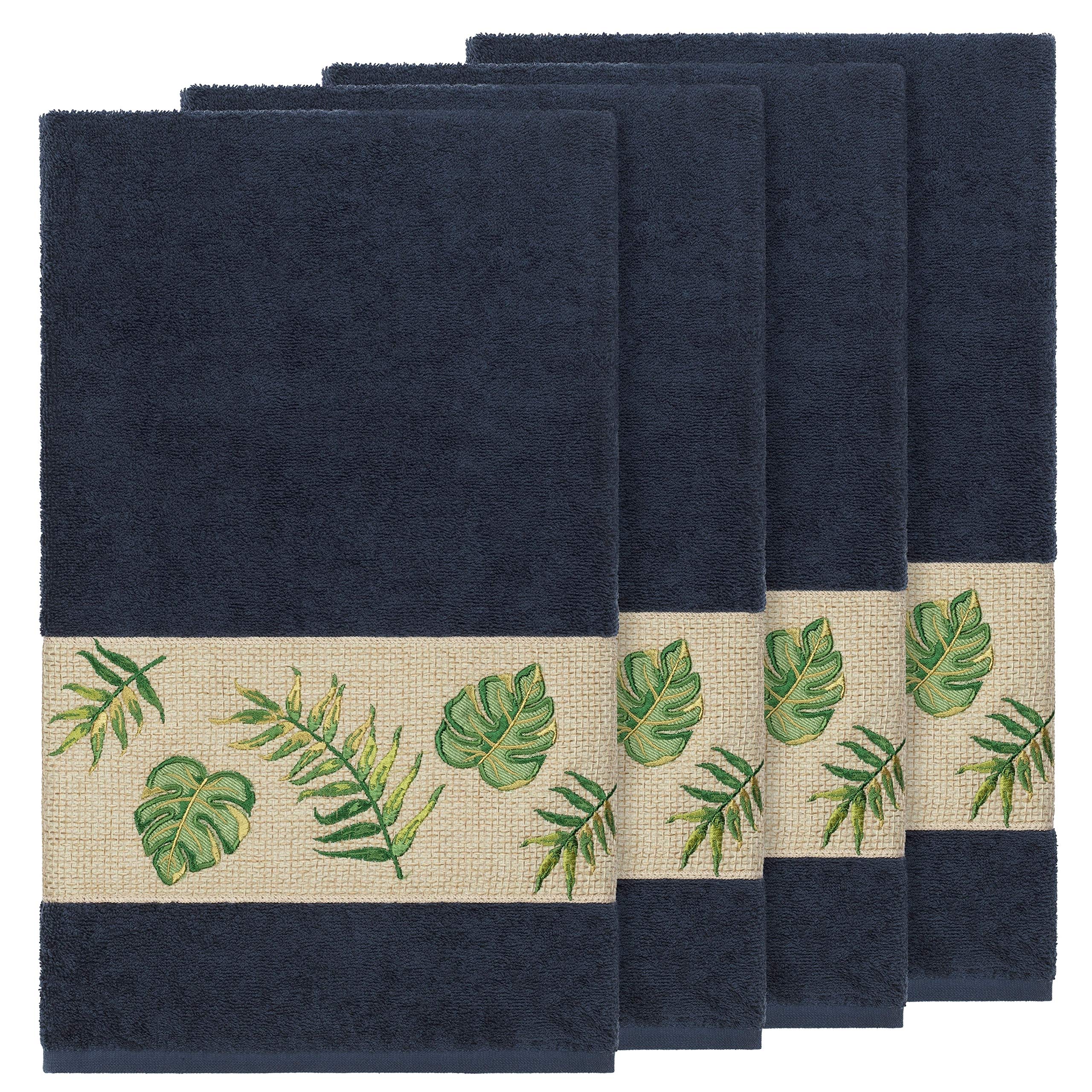 Premium Turkish Cotton 4-Piece Bath Towel Set - Luxurious Palm Fronds Embroidery in Midnight Blue | Soft & Absorbent for Spa, Bathroom & Beach Use