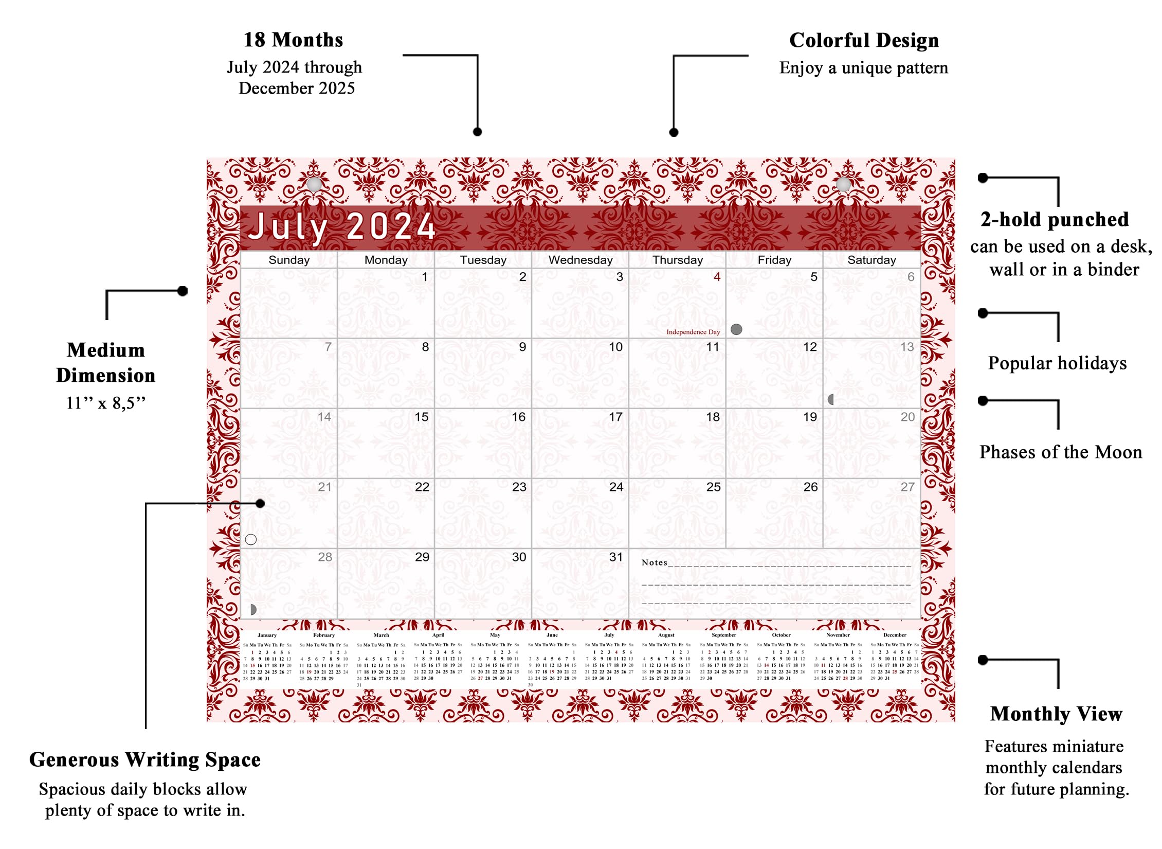 2024-2025 18-Month Magnetic & Desk Calendar Planner - Elegant Damask Design (#23-05) for Office, Home & School Organization | Wall or Desktop Use