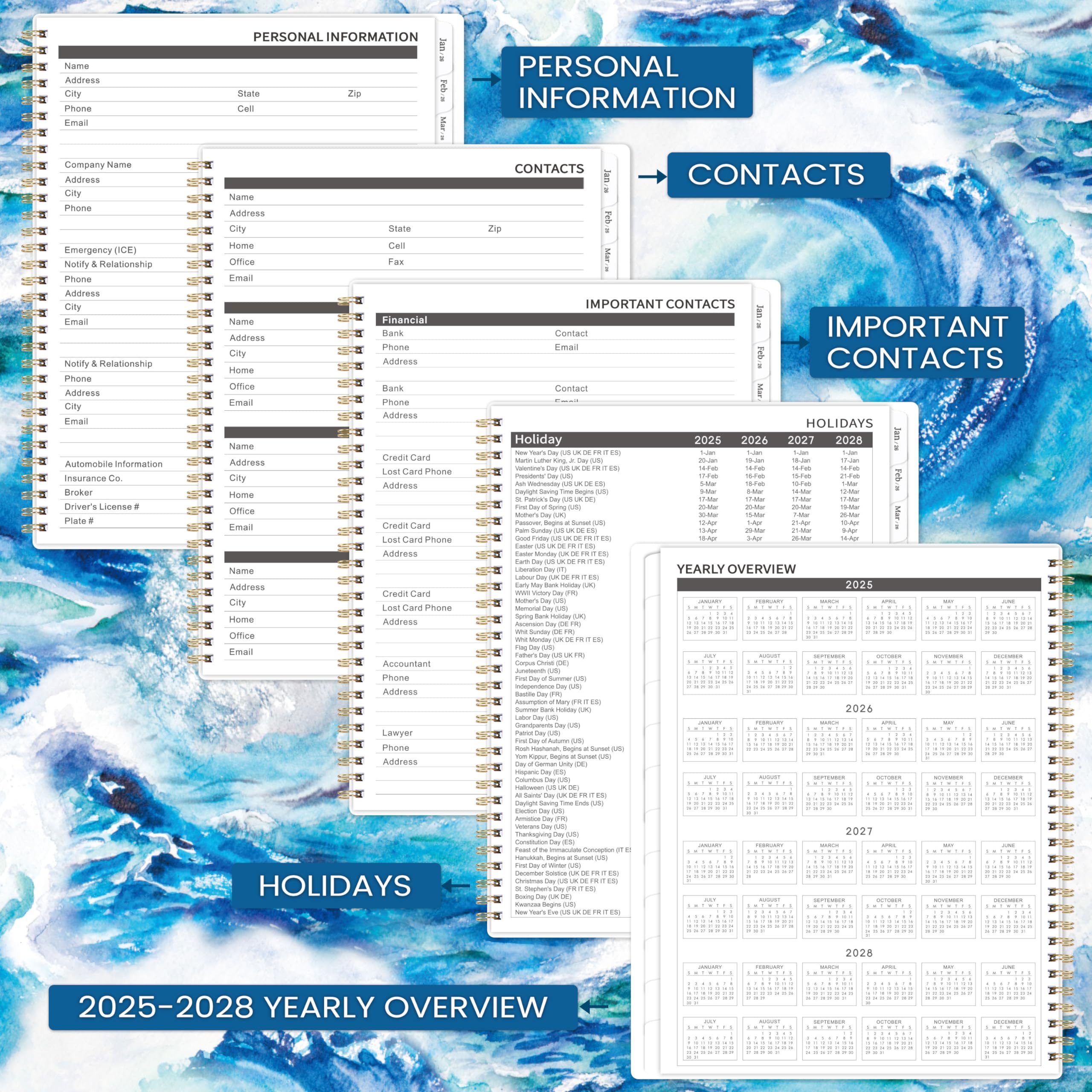 2025-2028 Monthly Planner Calendar | 3 Year Planner (36 Months) with Tabs, Pockets & Twin-Wire Binding | 9
