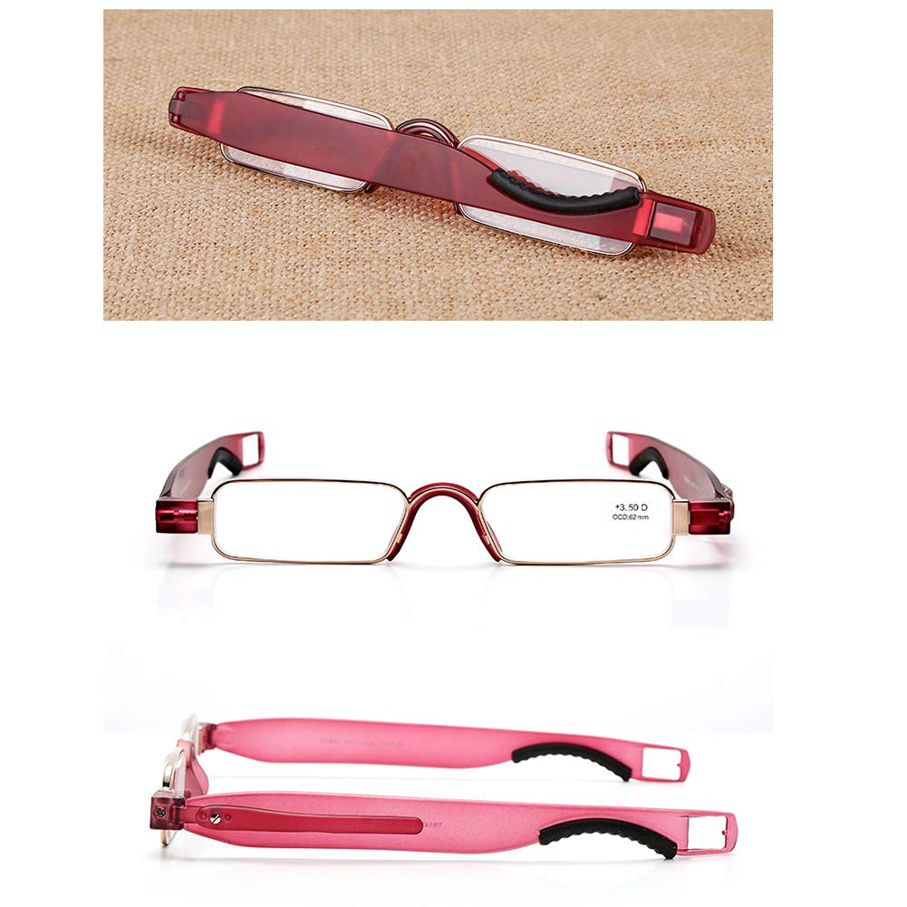 Foldable Slim Mini Reading Glasses with 360° Rotating Tube Pen Clip - Compact Metal Frame Optical Magnifier Glasses (Non-Prescription) - 4 Pack for Men & Women - Perfect for Reading, Office Work, and Travel