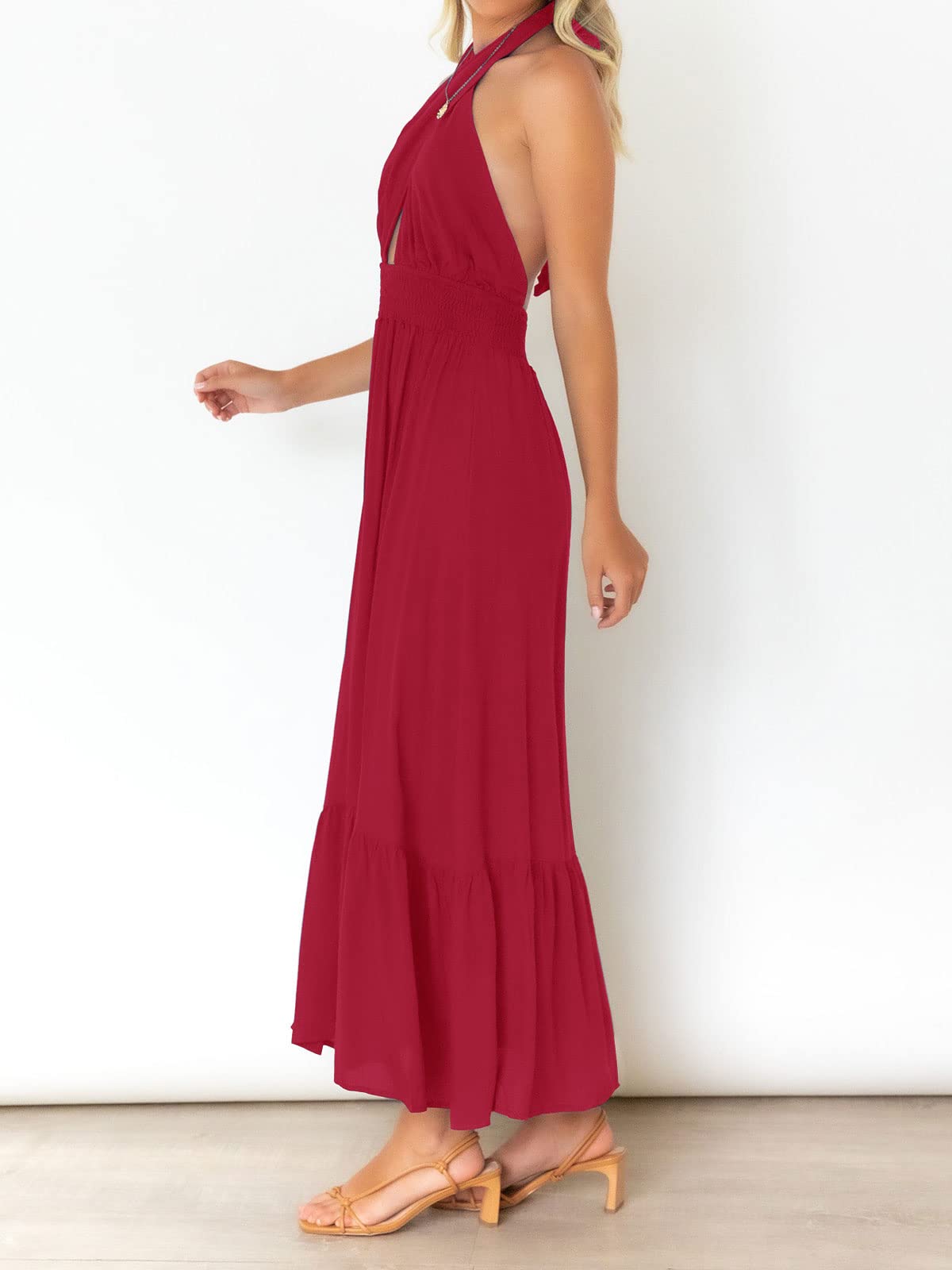 ZESICA Women's 2025 Summer Halter Neck Sleeveless Plaid Maxi Dress with Cut Out Back - Flowy A-Line Design for Beach Vacation, Party & Date Night