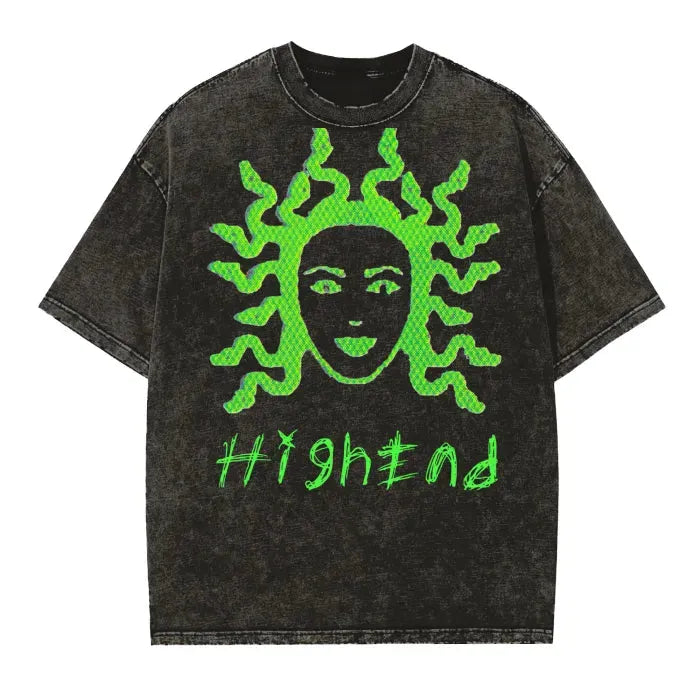Premium Vintage Washed Medusa Print T-Shirt - Edge Frayed Design, 250 GSM Heavyweight Cotton (Dusk Black) | Stylish Streetwear for Men & Women | Perfect for Concerts, Parties and Casual Outings