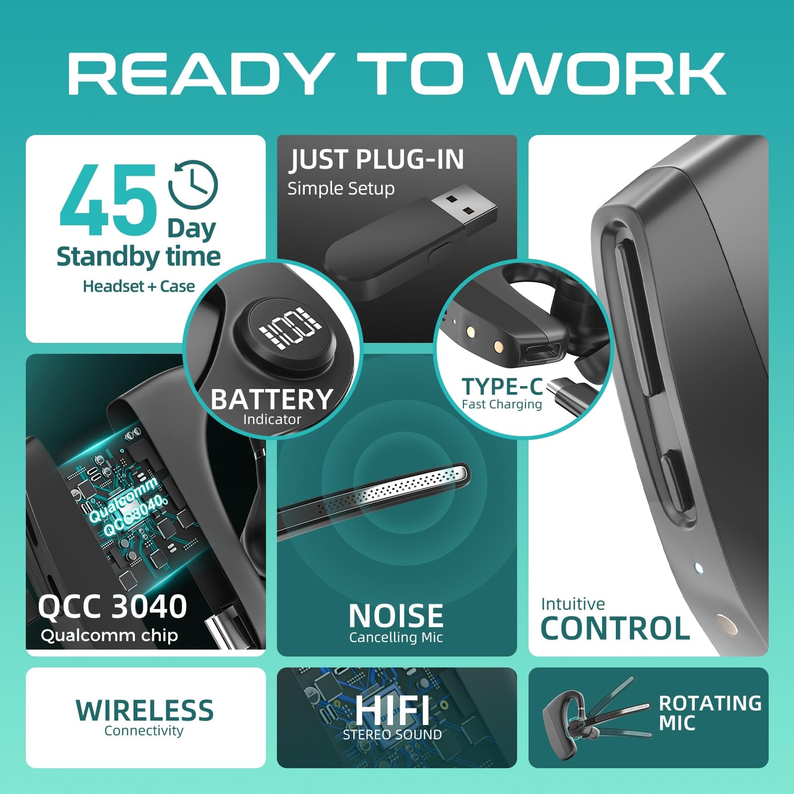 Wireless Bluetooth Headset with USB Dongle & Noise Cancelling Mic - Over-Ear Headphones for PC, Phone, Zoom Meetings, Work from Home, Truck Drivers | Perfect for Remote Work, Online Classes & Long-Haul Driving