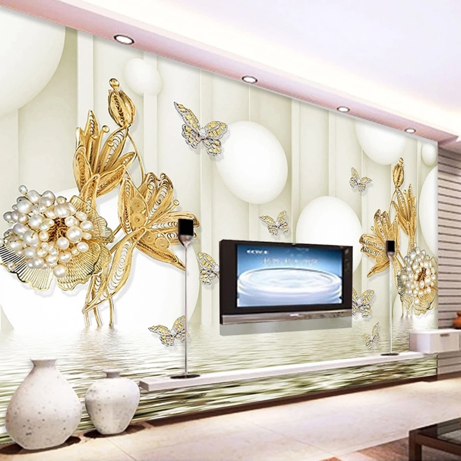 3D Golden Pearl Flower Butterfly Jewelry Wall Mural Wallpaper - 47x32 Inch Self-Adhesive Peel & Stick for Living Room TV Background, Bedroom, Dining Room Decor