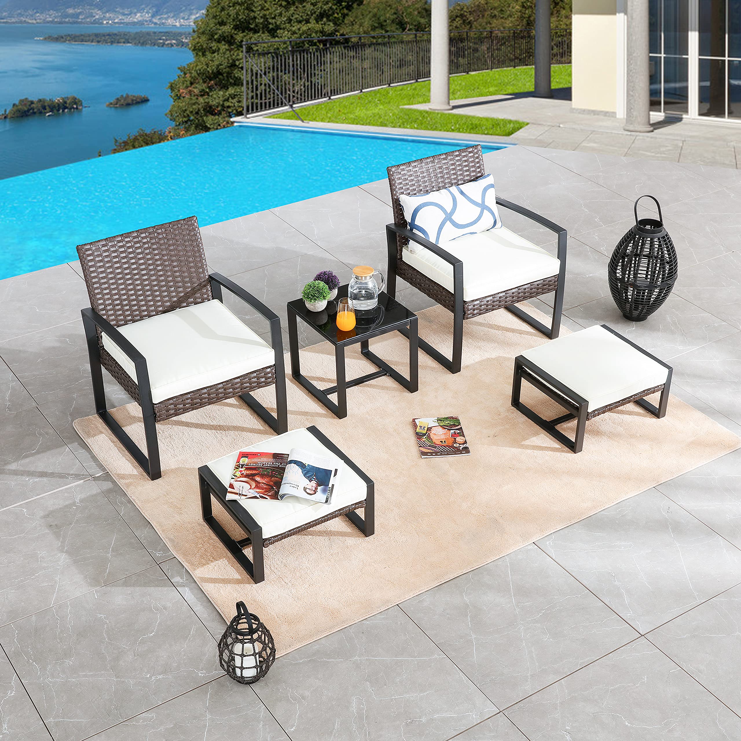 LOKATSE HOME 5-Piece Outdoor Patio Furniture Set - Rattan Wicker Chairs with Cushions, Ottoman & Coffee Table - Beige Conversation Set for Garden, Poolside, Deck, Porch | Perfect for Relaxing & Entertaining Outdoors