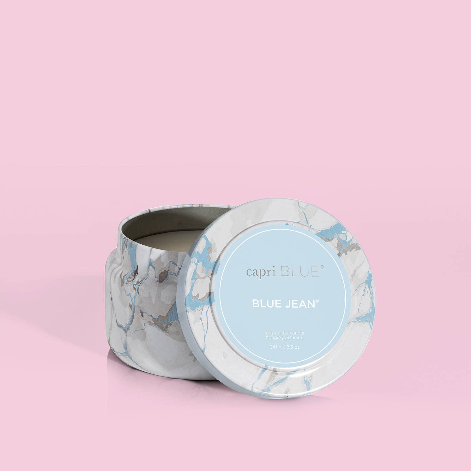 Capri Blue Modern Marble Printed Travel Tin Jar Candles - Luxury Scented Soy Wax Candles for Home Decor, Gifts & Relaxation - Long Lasting 8.5oz Blue Jean Scent - Perfect for Bedroom, Bathroom & Living Room Aromatherapy