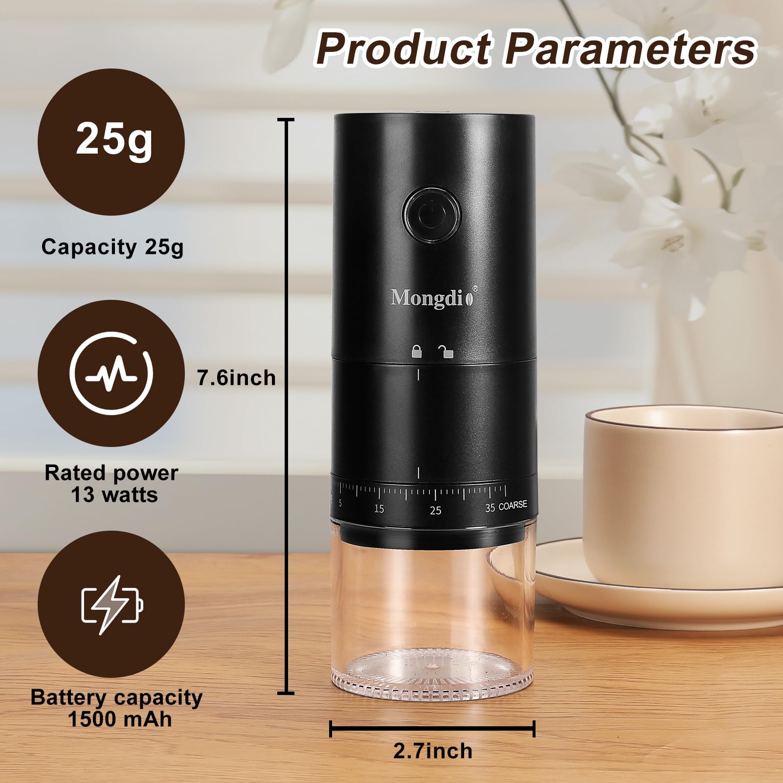 Mongdio Portable Electric Coffee Bean Grinder with 38 Adjustable Settings, Rechargeable Battery for Home & Travel Use - Perfect for Espresso, French Press, and Cold Brew - Black