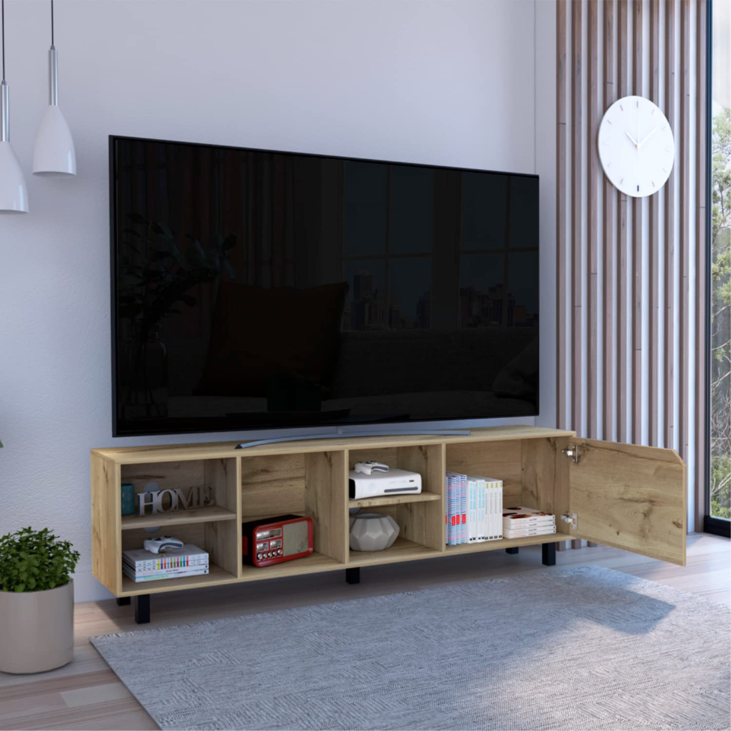 Conquest 70 Inch TV Stand with 4 Open Shelves & 5 Sturdy Legs - Light Oak Finish for Living Room, Bedroom & Home Theater Setup