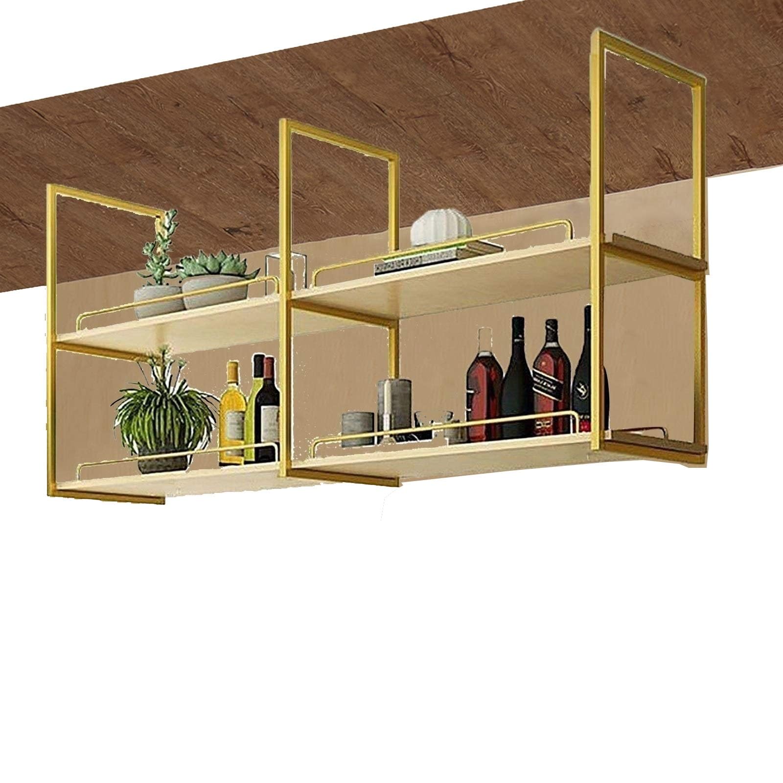 Solid Wood Hanging Storage Shelf - 2-Tier Wall Mounted Ceiling Shelf with Iron Frame, Rustic Wooden Overhead Storage Rack (Gold) - Perfect for Kitchen Pantry, Garage Organization & Bedroom Decor