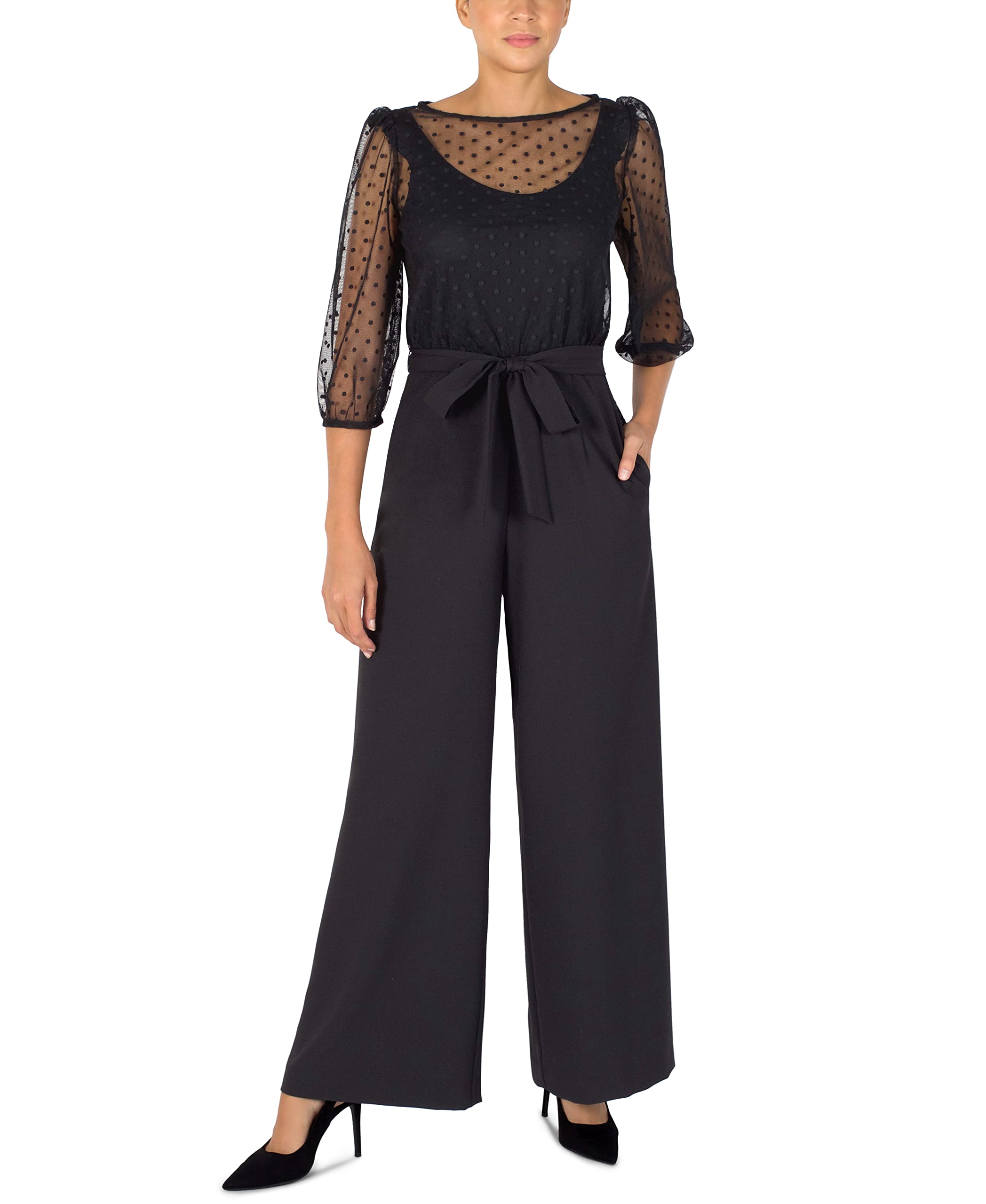 Julia Jordan Women's Puff Sleeve Boat Neck Jumpsuit with Dot Overlay Mesh Top - Black | Elegant One-Piece Romper for Parties, Date Nights & Special Occasions