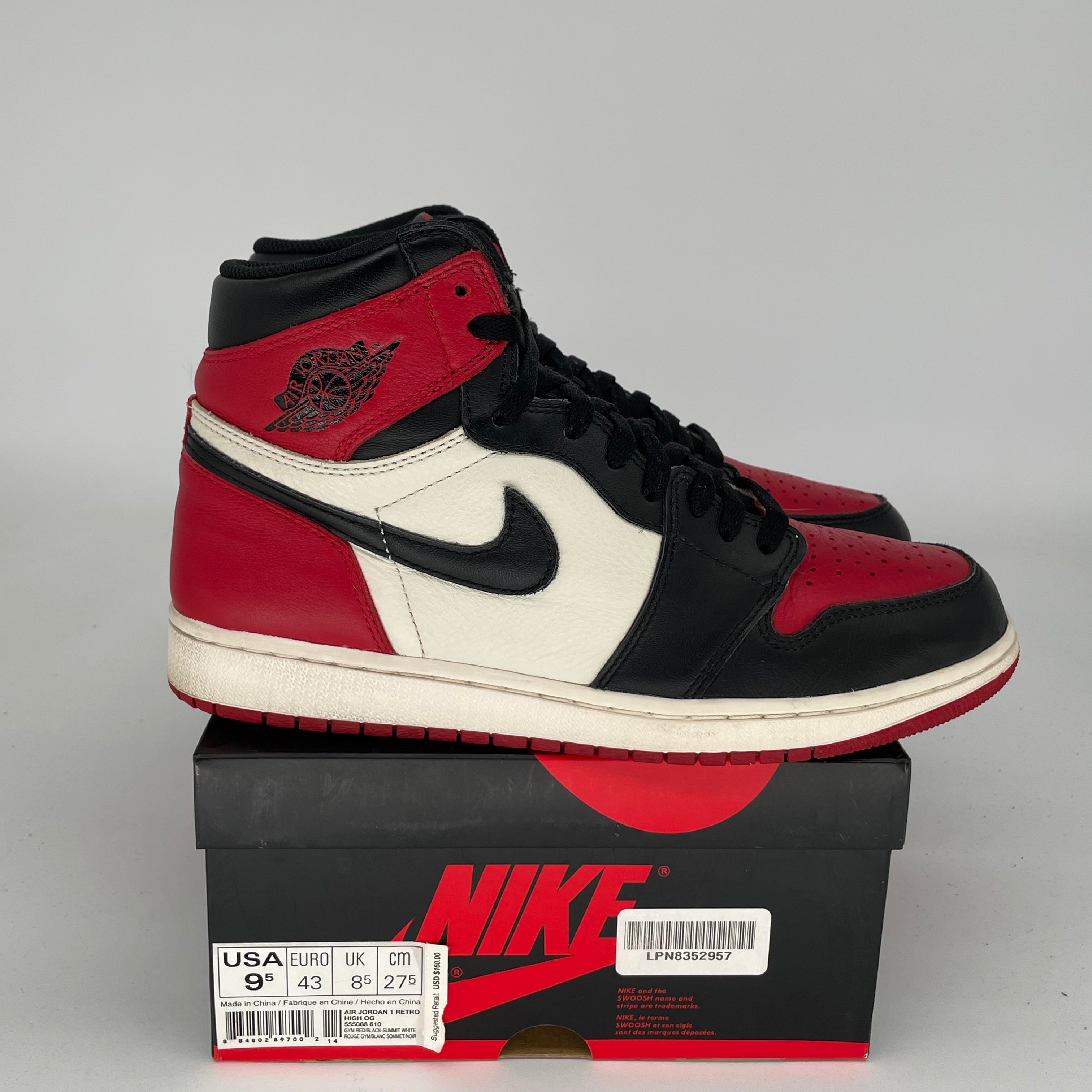 AIR JORDAN 1 BRED TOE Men's Basketball Shoes Size 9.5 (555088-610) - Retro High Tops for Sneaker Collectors & Streetwear Fashion
