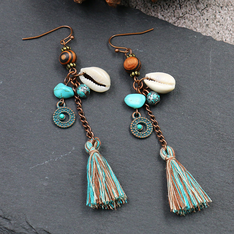 Handmade Vintage Wooden Bead Shell Tassel Earrings for Women - Boho Chic Dangle Earrings for Beach, Festival & Everyday Wear