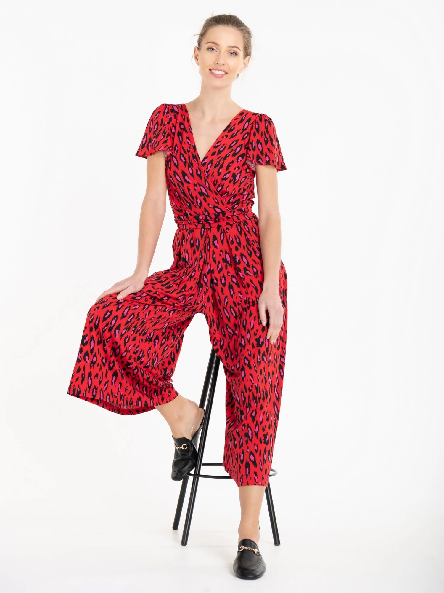Carla Culotte Jumpsuit for Women - Red Animal Print Romper with Pockets | Casual Summer Outfit for Beach, Party & Vacation