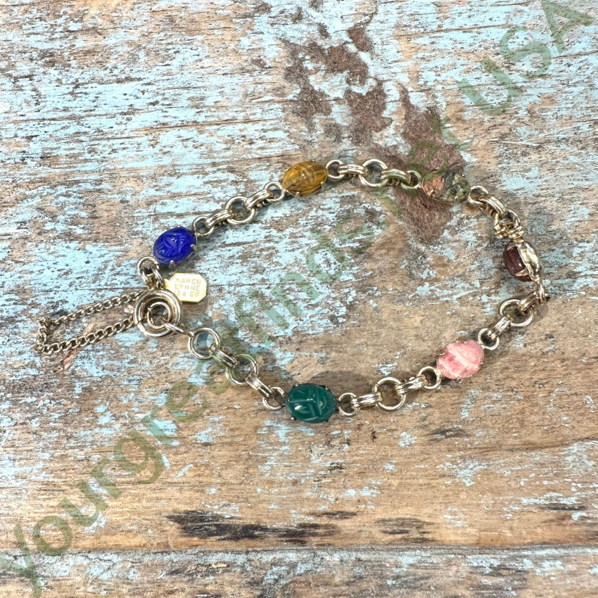Vintage Karen Lynne 12k Gold Filled Gemstone Scarab Bracelet - Authentic Egyptian Revival Jewelry for Women, Perfect for Boho Fashion & Special Occasions