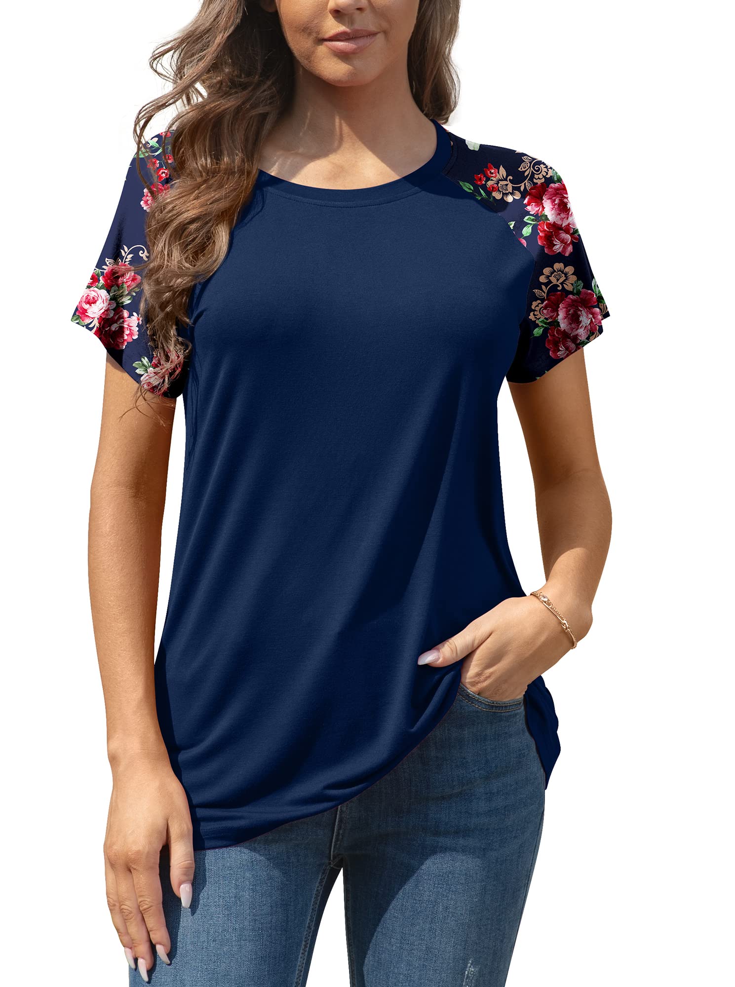 AYIFU Women's Floral Print Raglan Tee Shirts - Long & Short Sleeve Casual Tops, Crew Neck Tunic Blouse for Everyday Wear, Work & Weekend Outfits