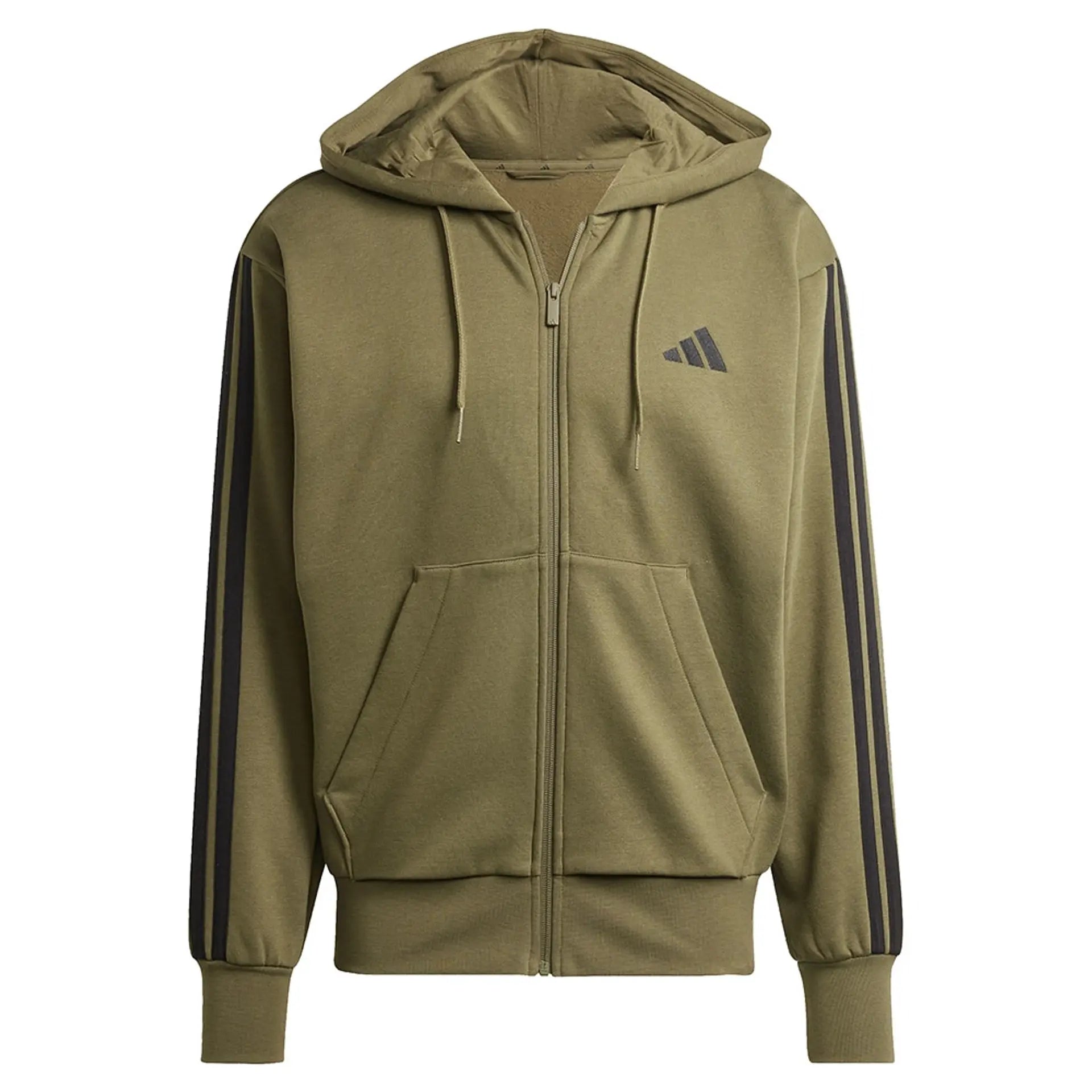 Adidas Men's 3 Stripe Olive Fleece Jacket - Lightweight Warm Zip-Up Hoodie for Running, Hiking & Casual Wear