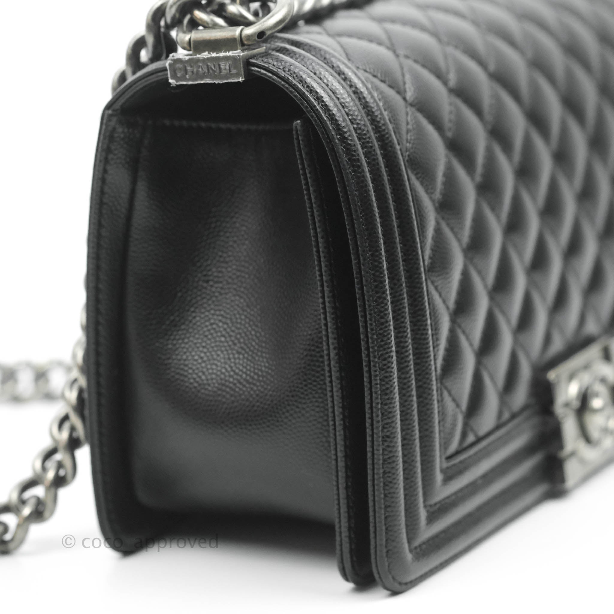 Chanel Boy Quilted Medium Handbag in Black Caviar Leather with Ruthenium Hardware - Perfect for Evening Events, Parties & Luxury Fashion Accessories