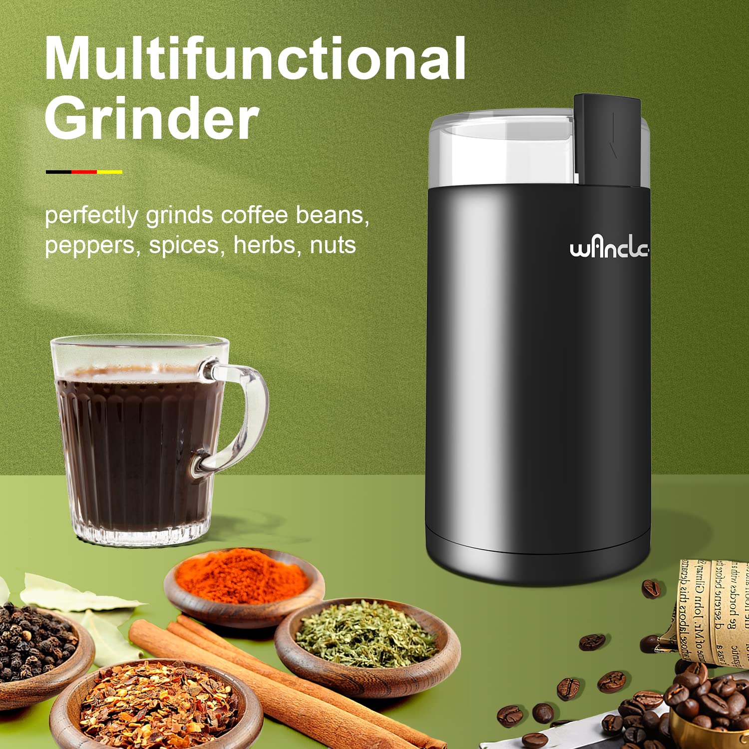 Premium Electric Coffee Grinder & Spice Grinder - One Touch Operation for Coffee Beans, Nuts & Herbs - Includes Cleaning Brush (Black) - Perfect for Home Kitchens & Coffee Shops