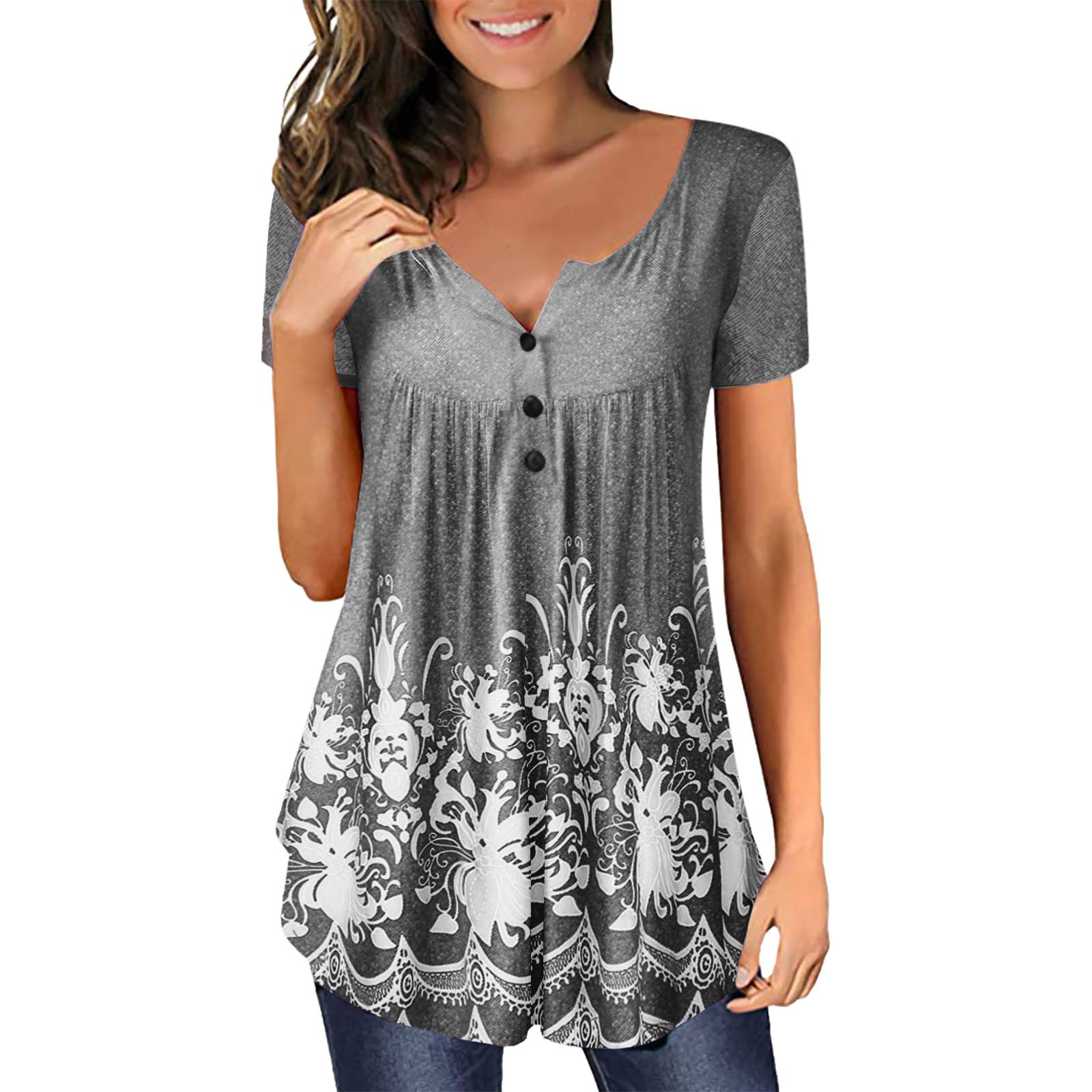 Women's Casual Tunic Tops - Short Sleeve Loose Henley Blouses & Flowy Button Up Shirts | Comfortable T-Shirt Style Dressy Tops to Wear with Leggings | Perfect for Work, Weekend Outings and Yoga